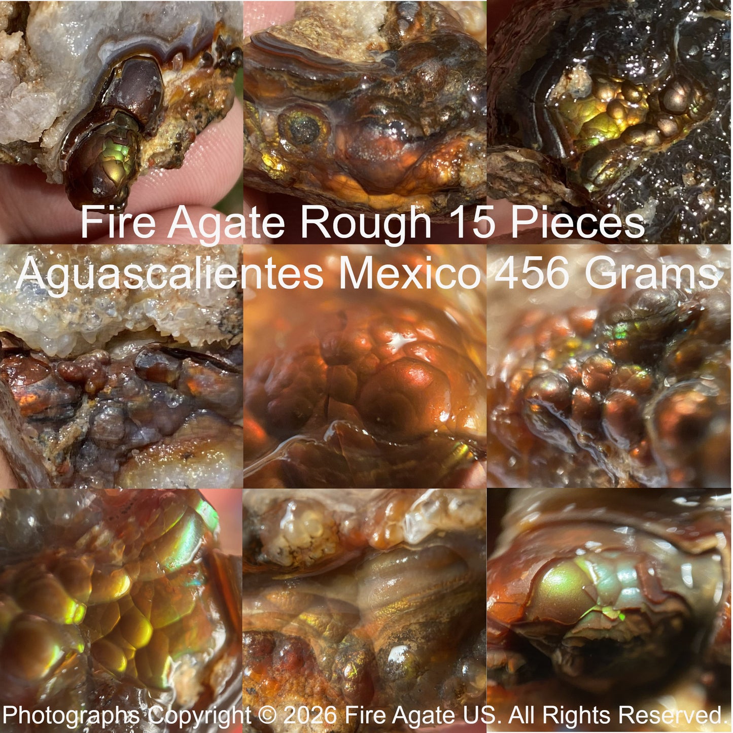 Collage of fire agate rough pieces from Aguascalientes, Mexico with text overlay.