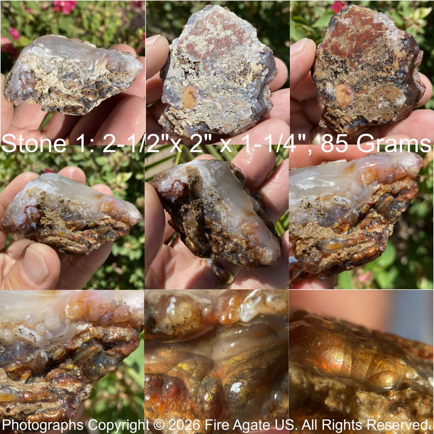 Collage of fire agate stones held in hands with measurements and details.