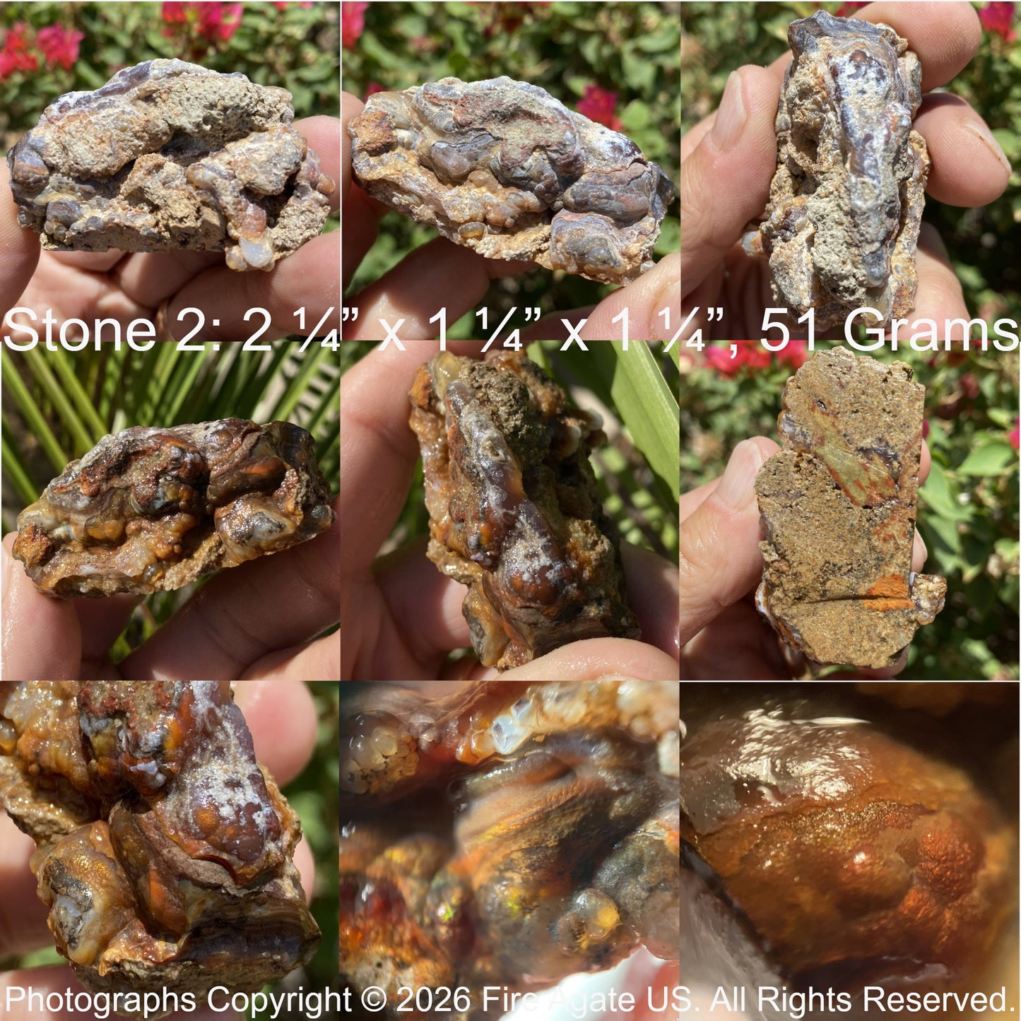 Collage of a Mexican fire agate held in hands with measurements and weight displayed.