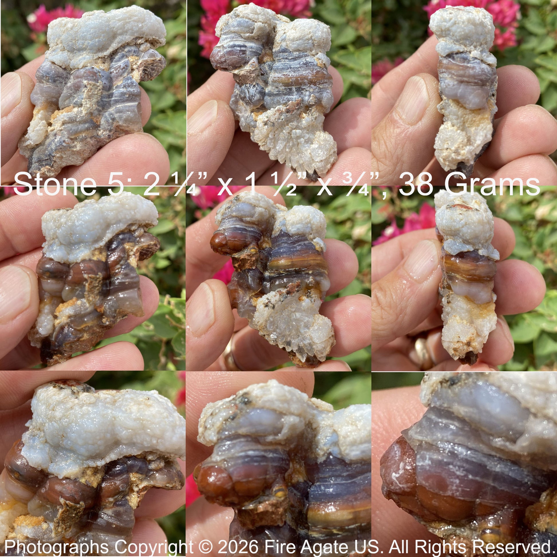 Collage of a rough fire agate gemstone held in hands with measurements and copyright text.
