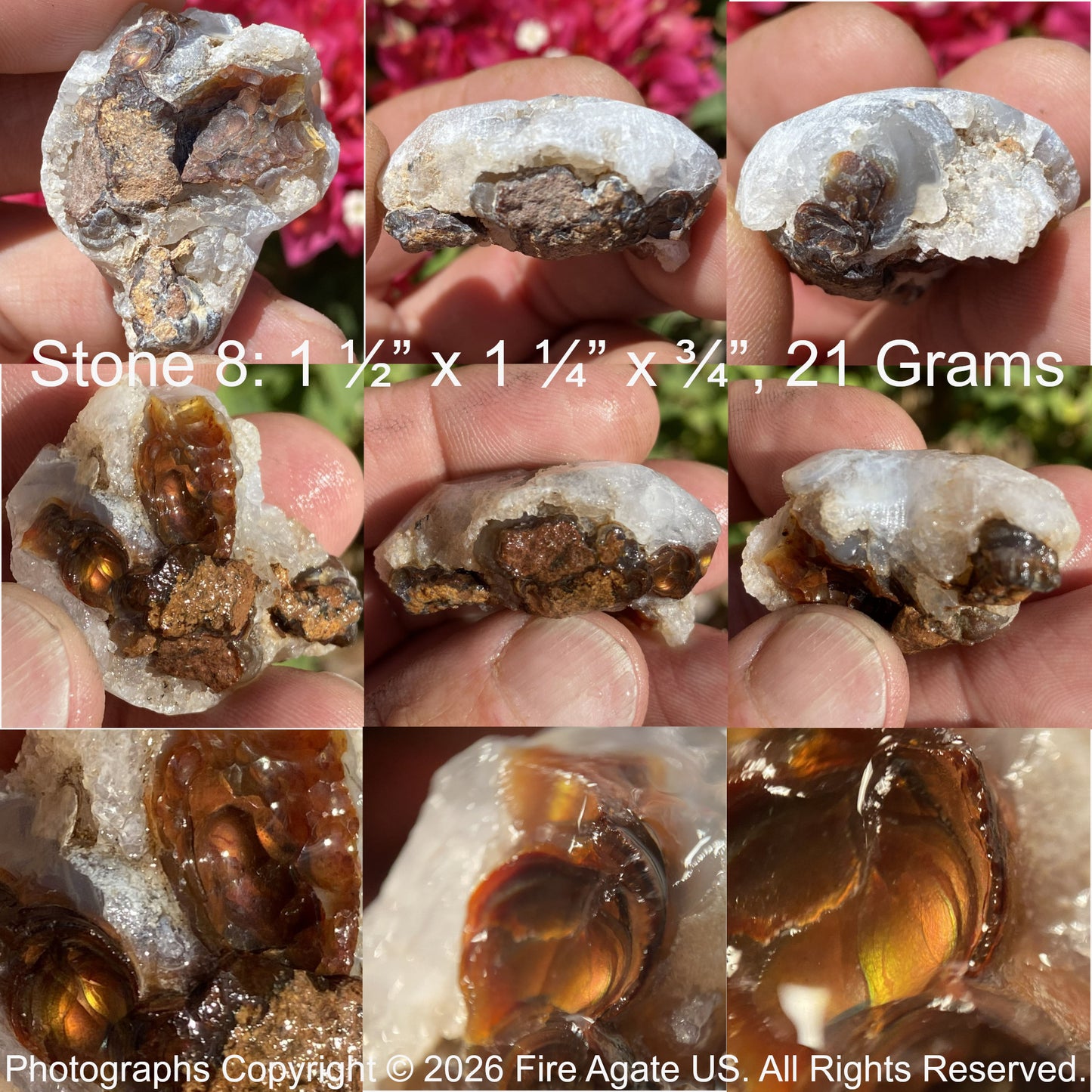 Collage of Mexican fire agate rough held in hands with measurements and copyright information.
