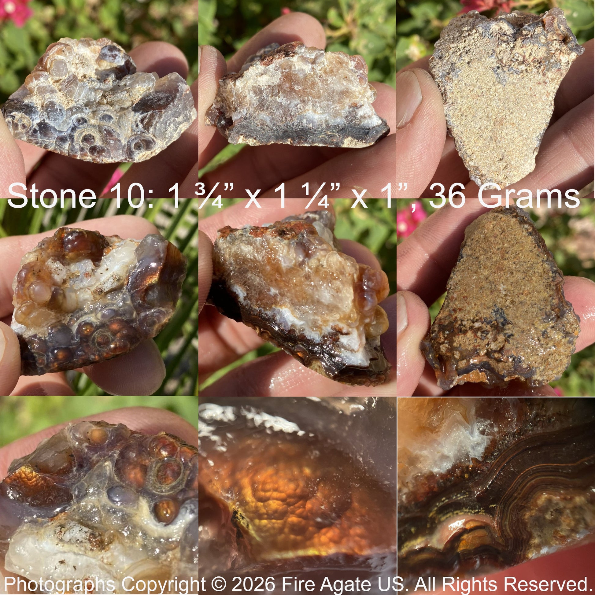 Collage of a fire agate stone held in hands with measurements and weight details.