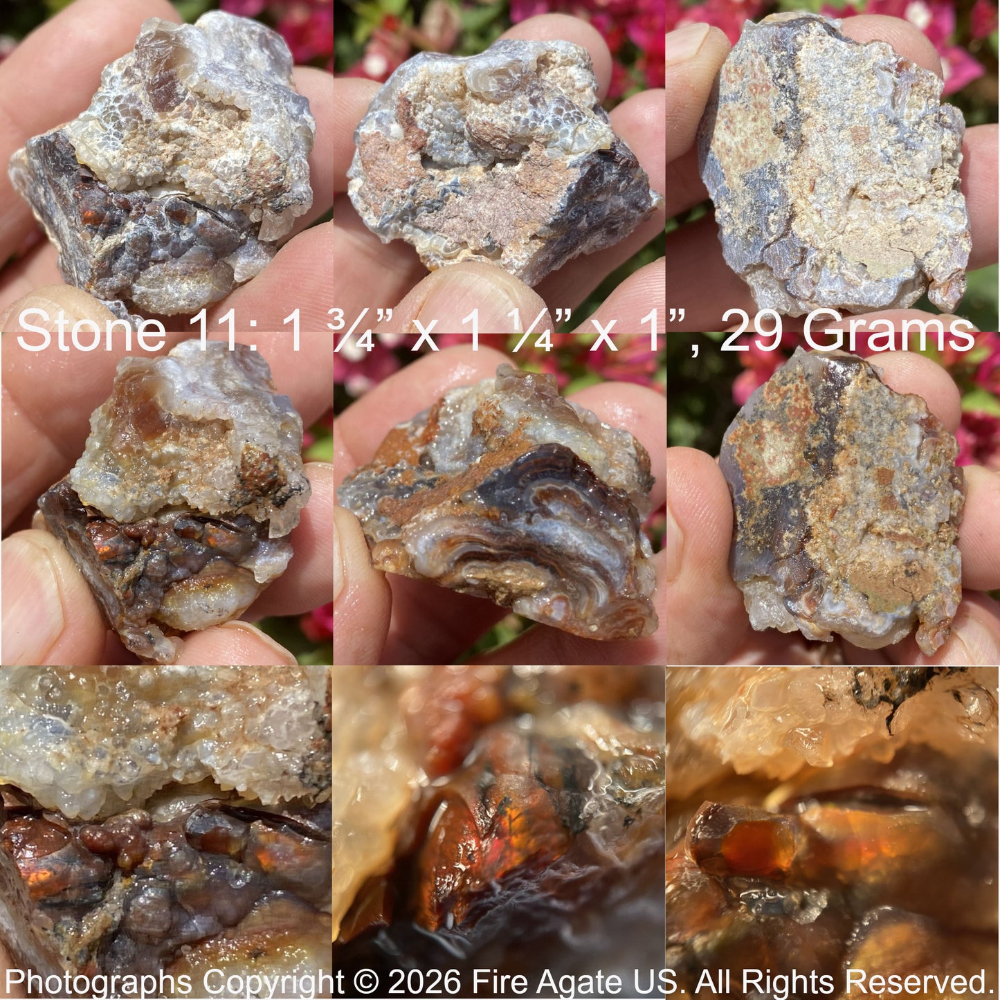 Collage of MExican fire agate rough from Aguascalientes held in hands with measurements and weight details.