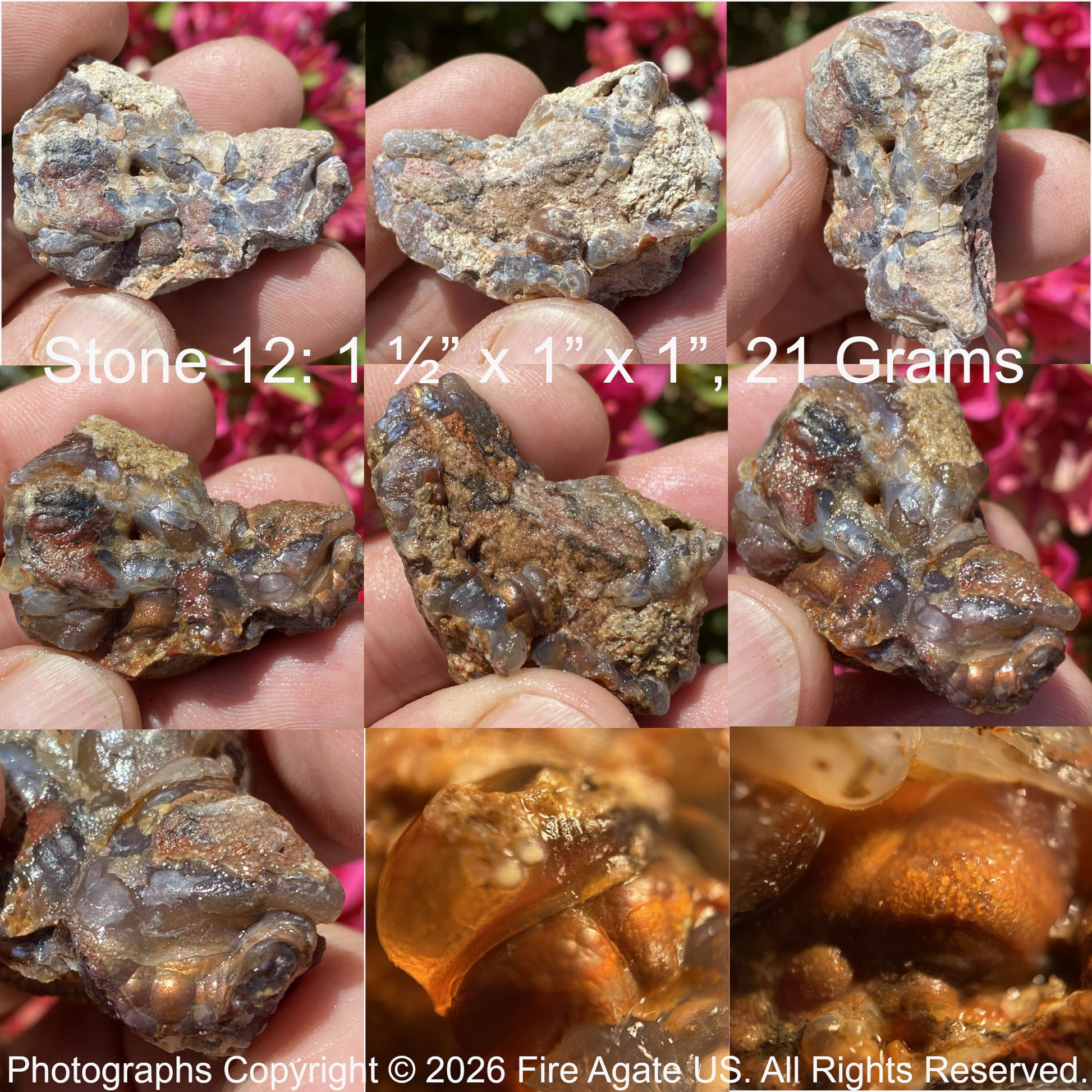 Collage of fire agate held in hands with measurements and weight displayed.