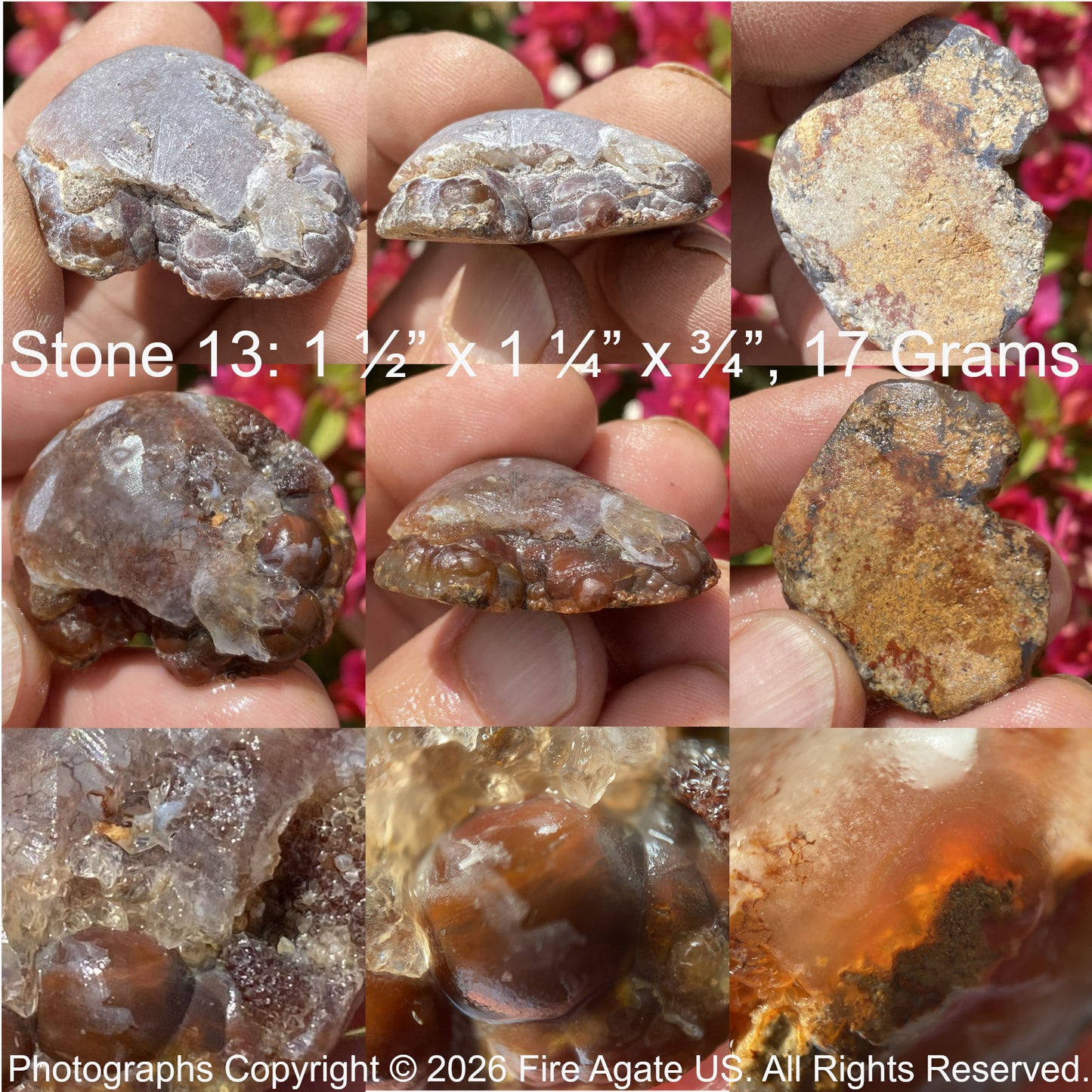 Collage of fire agate gemstone rough held in hands with measurements and copyright information.