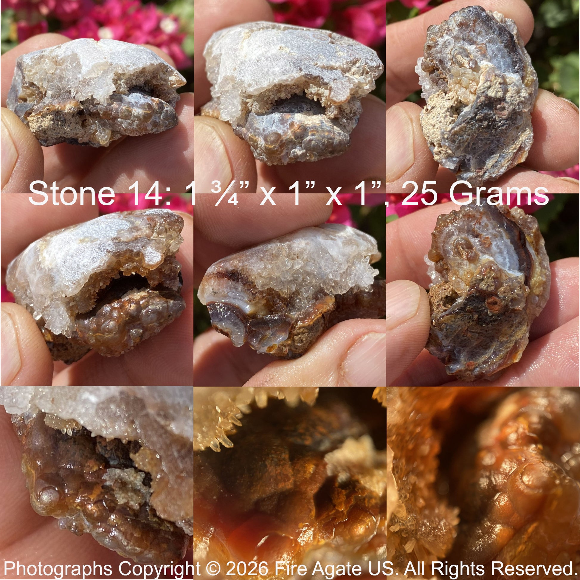 Collage of fire agate stones held in hands with measurements and copyright information.