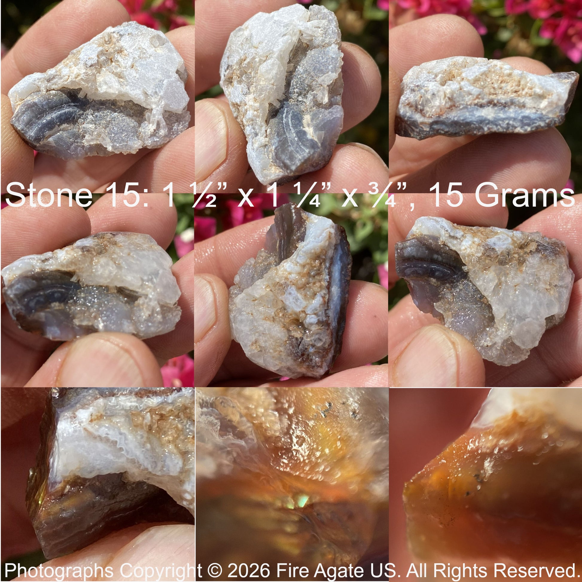 Collage of fire agate stone with chalcedony cap held in hands with measurements and weight details.