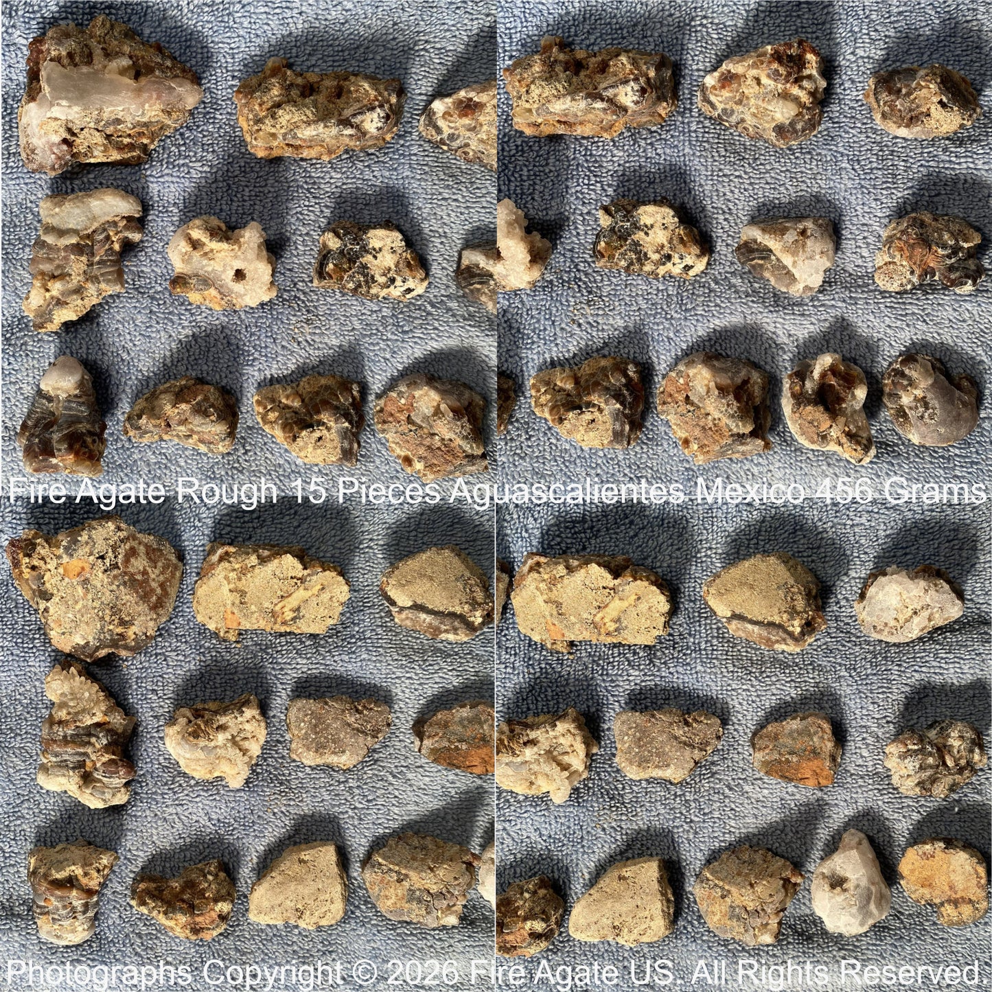 Fire Agate Rough pieces on a gray surface with text indicating weight and origin.