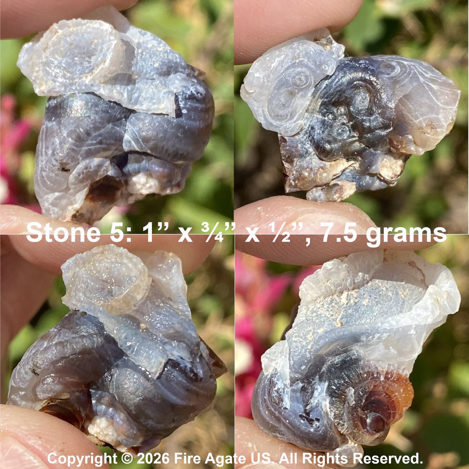Four close-up views of a hand holding a raw agate stone specimen outdoors, showing translucent gray-blue crystalline structure with some darker areas and a small amber-brown inclusion. White text across the center reads 'Stone 5: 1" x 3/4" x 1/2", 7.5 grams'