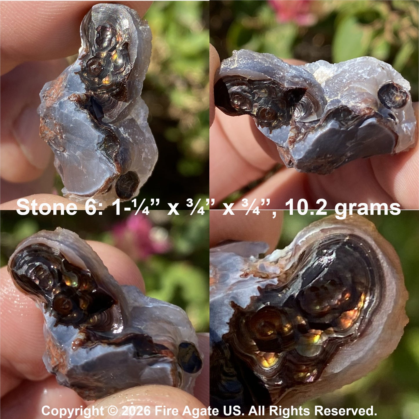 Four close-up views of a hand holding a raw agate stone specimen with dark brown to black inclusions inside a translucent smoky gray-blue agate matrix. White text reads 'Stone 6: 1-1/4" x 3/4" x 3/4", 10.2 grams'.