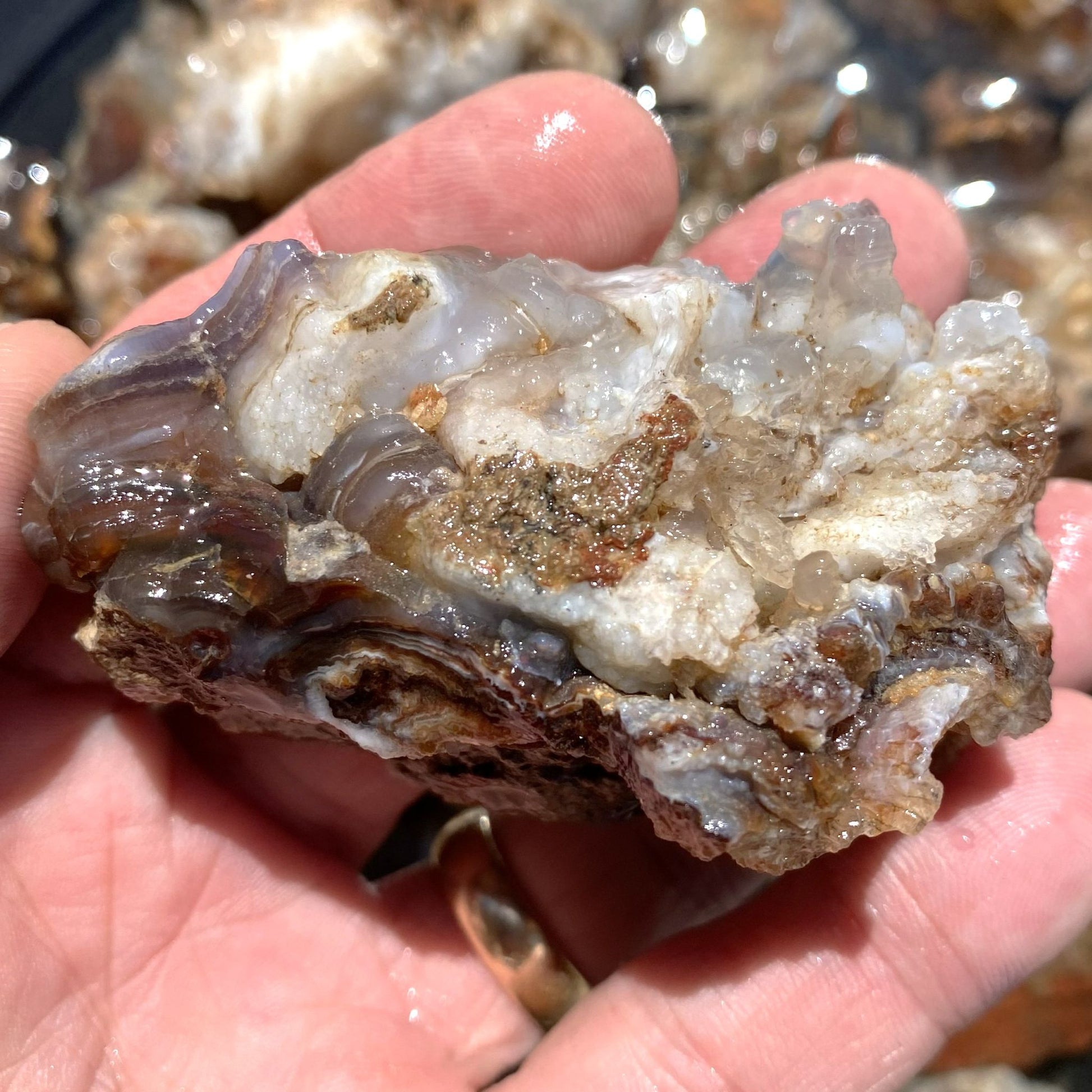 A close-up of a person's hand holding a rough, wet agate crystal cluster with white, gray, and brown bands, with more crystals visible in the background.