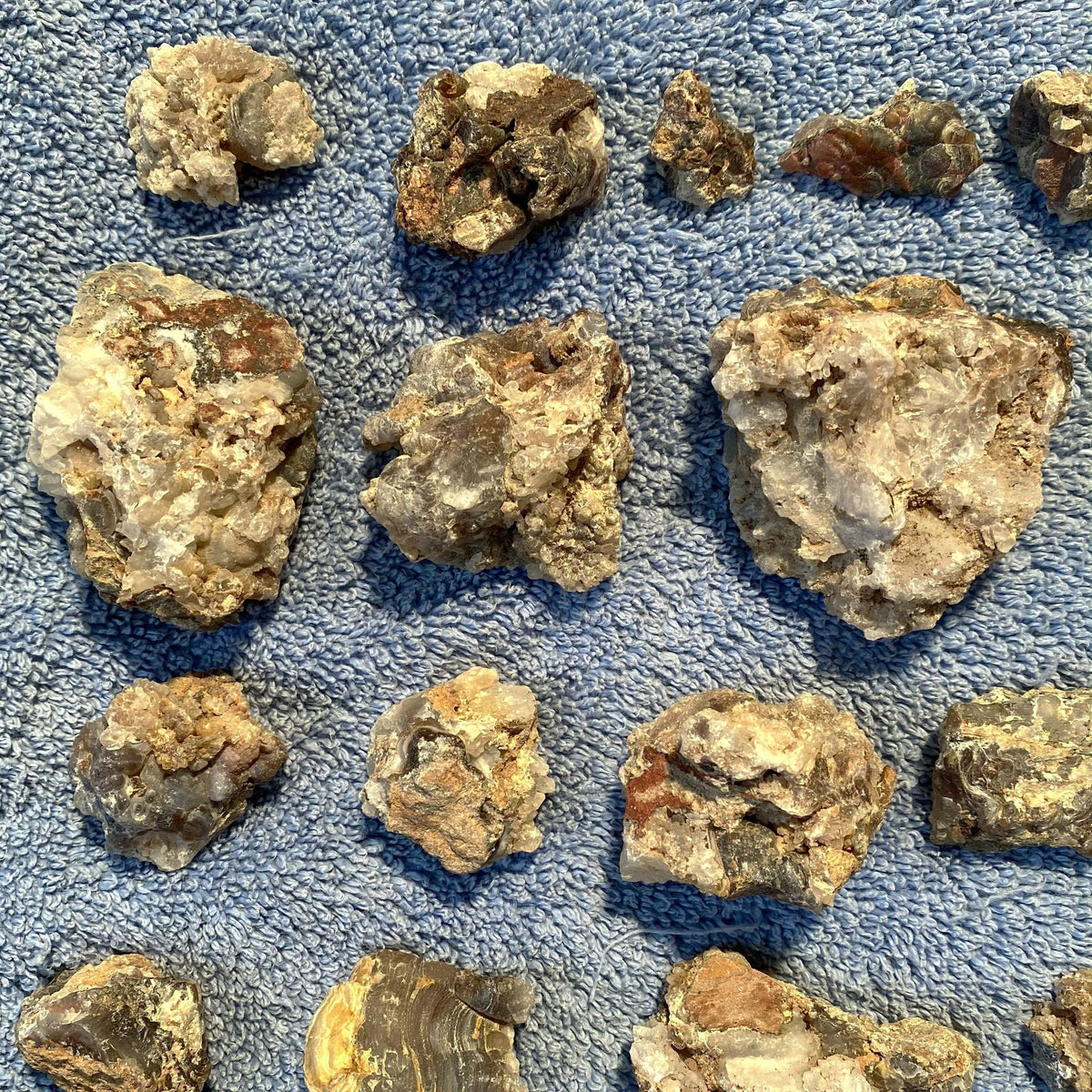 A collection of rough, raw mineral specimens and small rocks arranged on a textured blue fabric background.