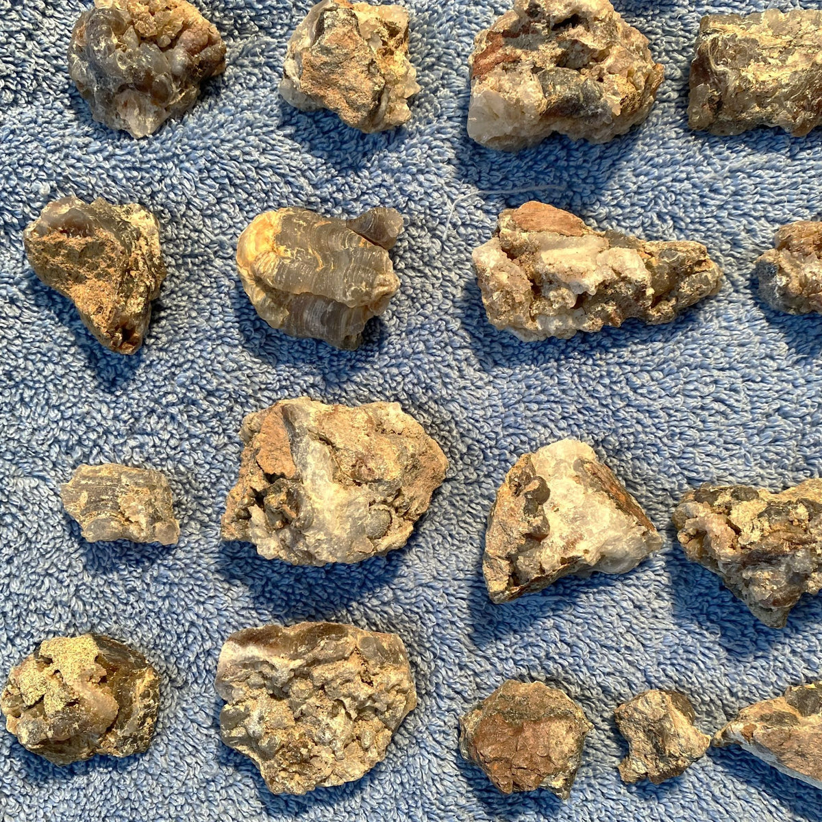 Several rough, natural-looking stone or rock pieces arranged on a textured blue towel background.