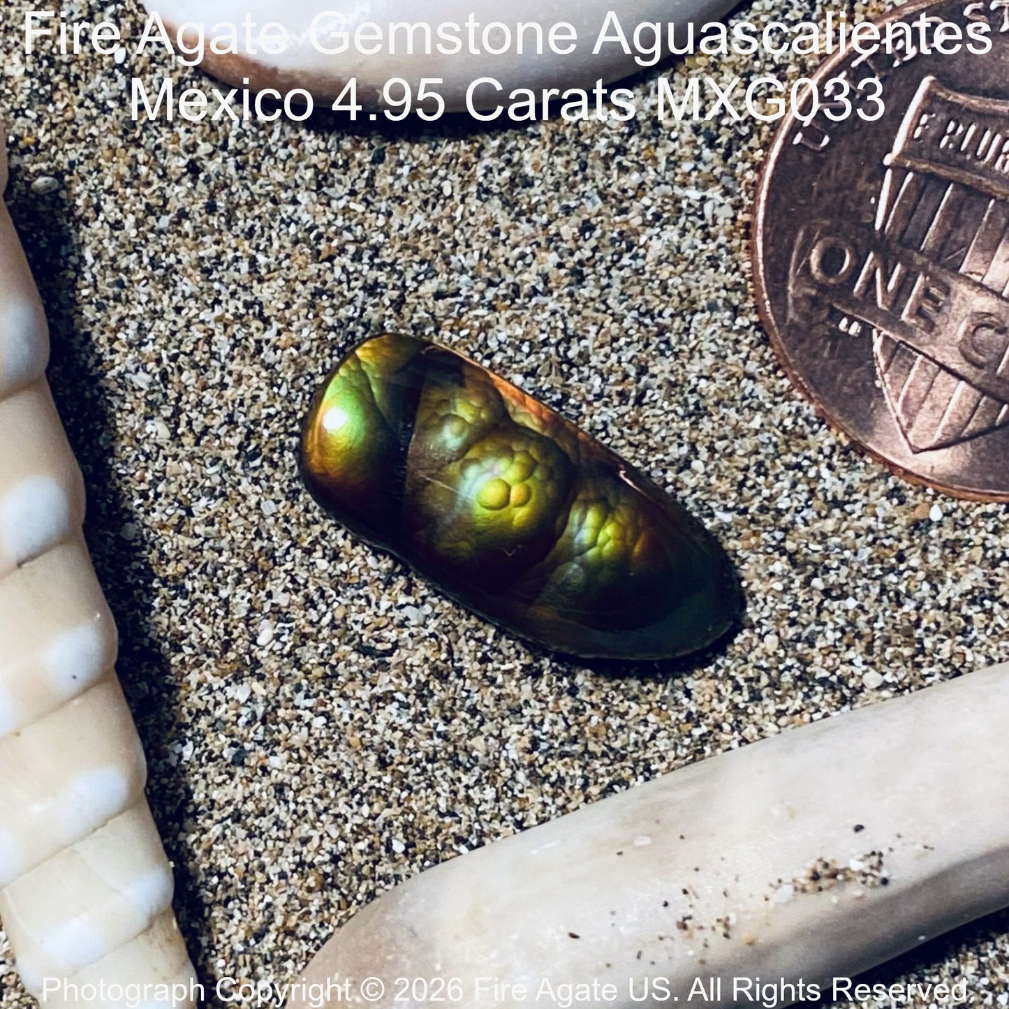 A fire agate gemstone from Aguascalientes, México, with a green and gold iridescent body, shown on a bed of sand next to a US penny for scale and a shell fragment.