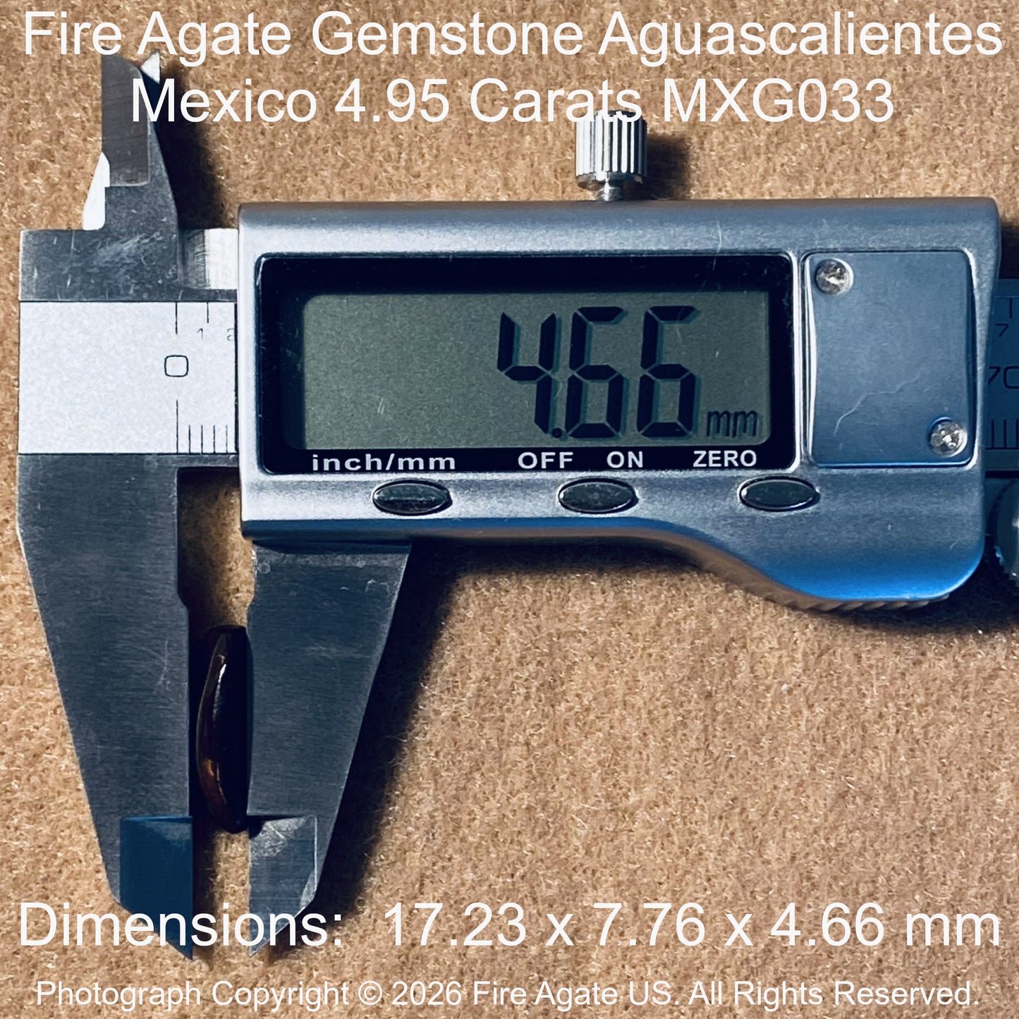 A digital caliper measuring a fire agate gemstone, with text overlays showing the gemstone details: 4.95 carats, Mexico origin, and dimensions.