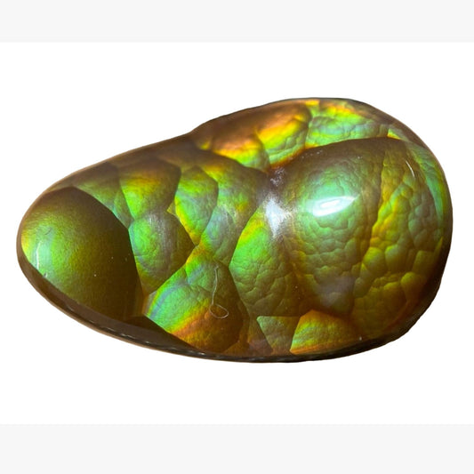 Colorful green and orange Aguascalientes Fire Agate Gemstone on a white background