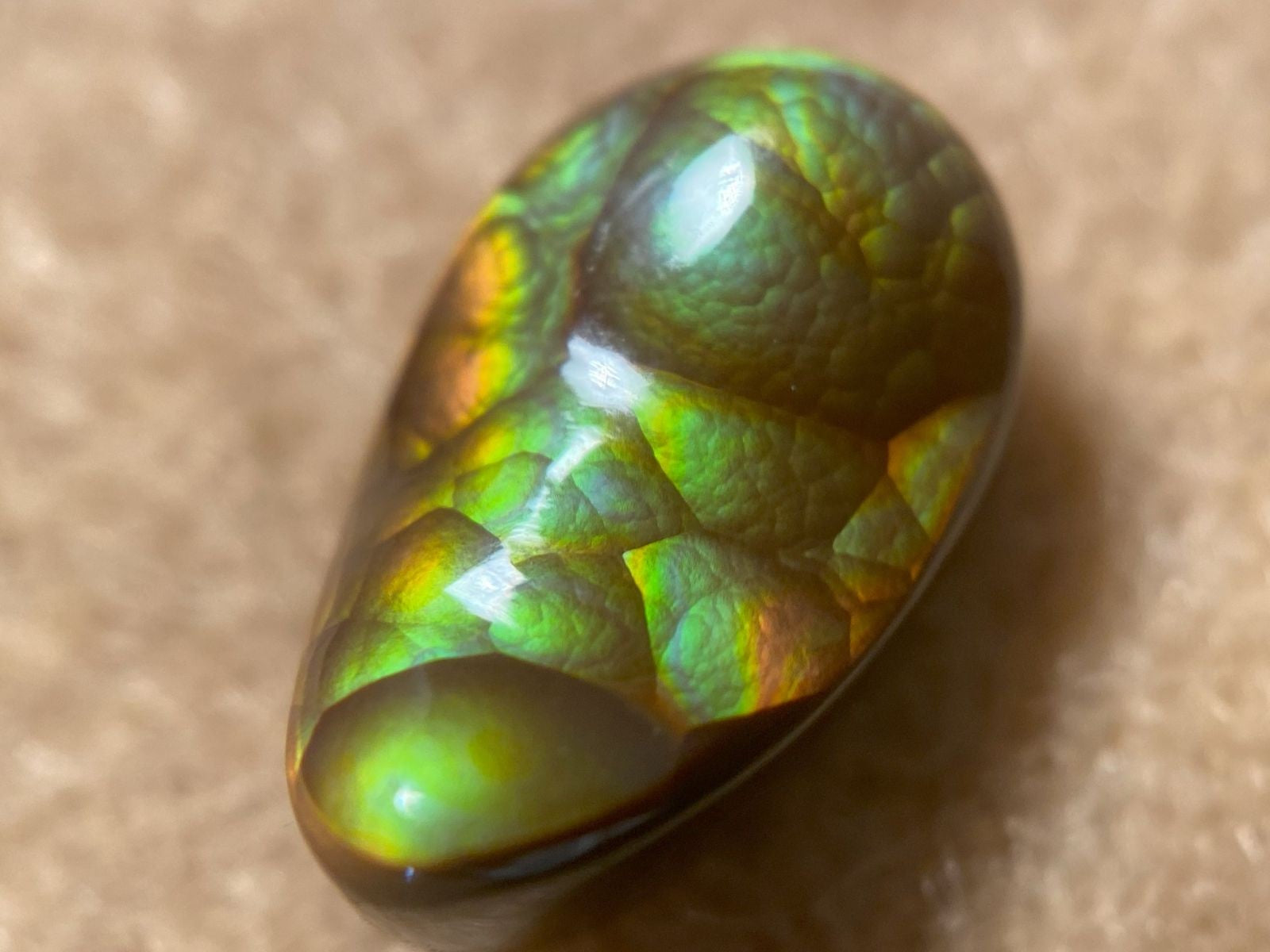 Multicolored high quality Aguascalientes fire agate gemstone with iridescent surface on a beige background