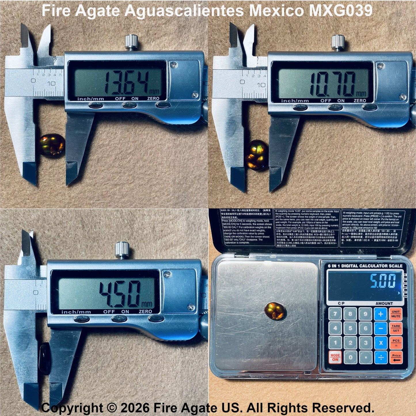 Four-panel measurement collage for a fire agate gemstone. The top panels show a digital caliper measuring the stone's diameter from multiple angles.