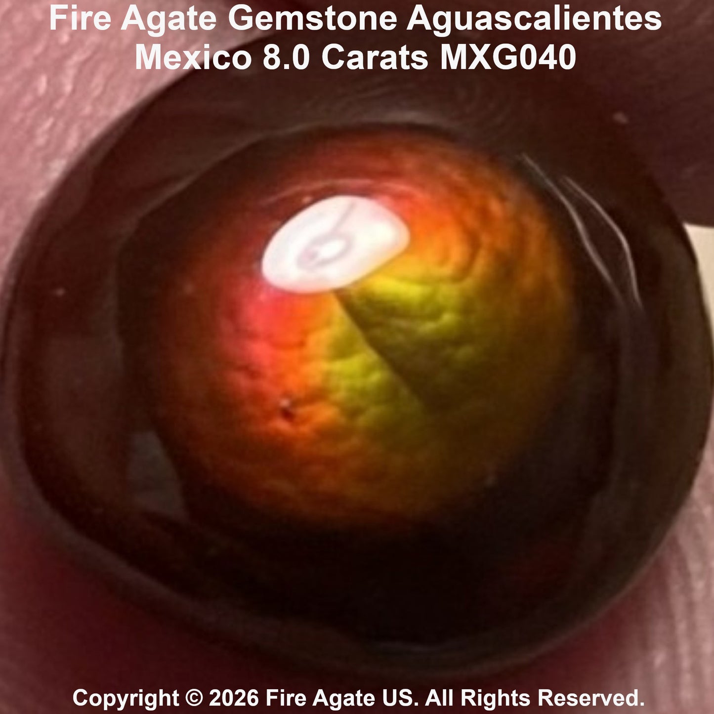A 8.0 carat Aguascalientes Fire Agate gemstone with a swirling orange, yellow, and green fiery pattern.
