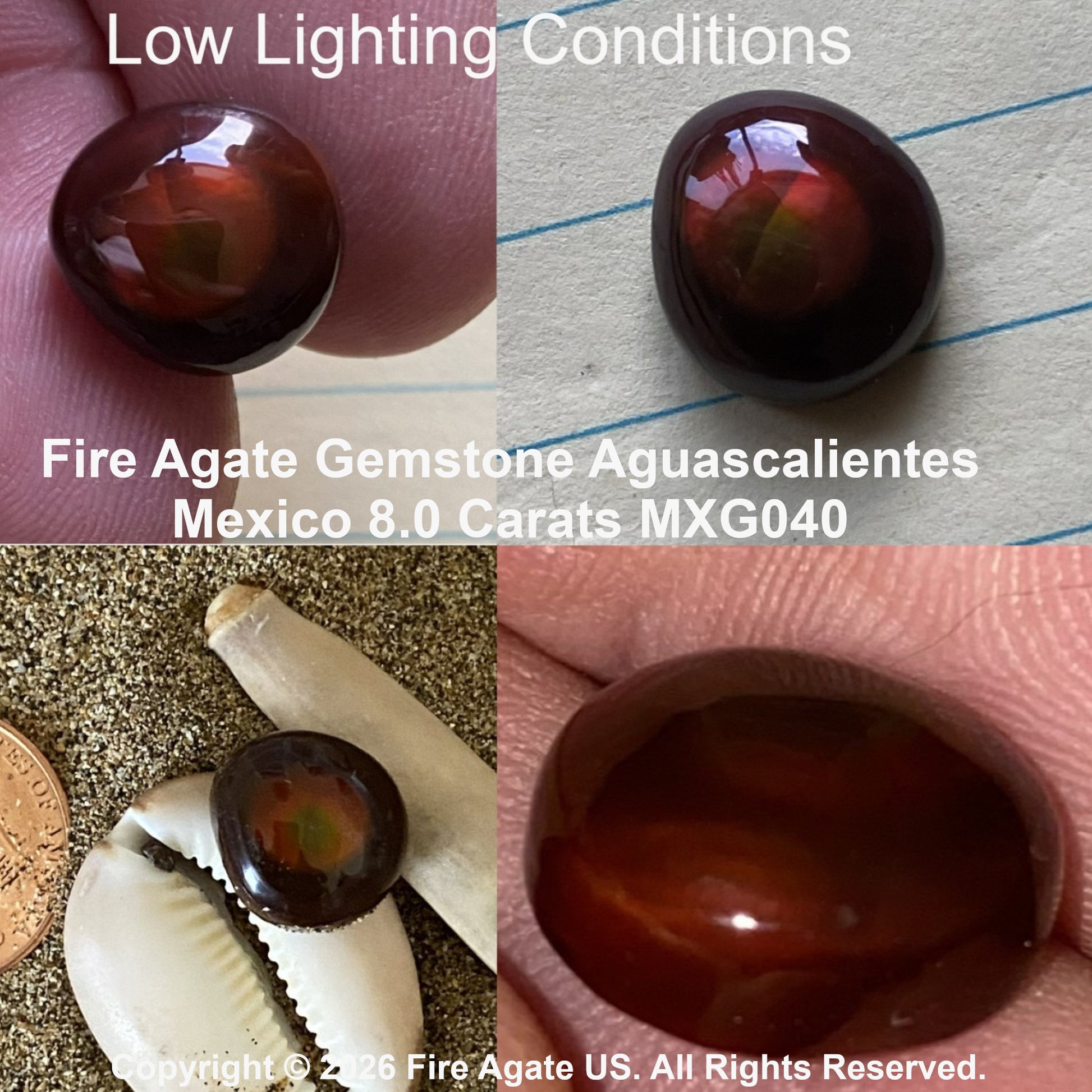 Four-panel collage showing a fire agate gemstone in different contexts. Two panels show the oval gemstone held on fingers, with low lighting causing strong reflections.