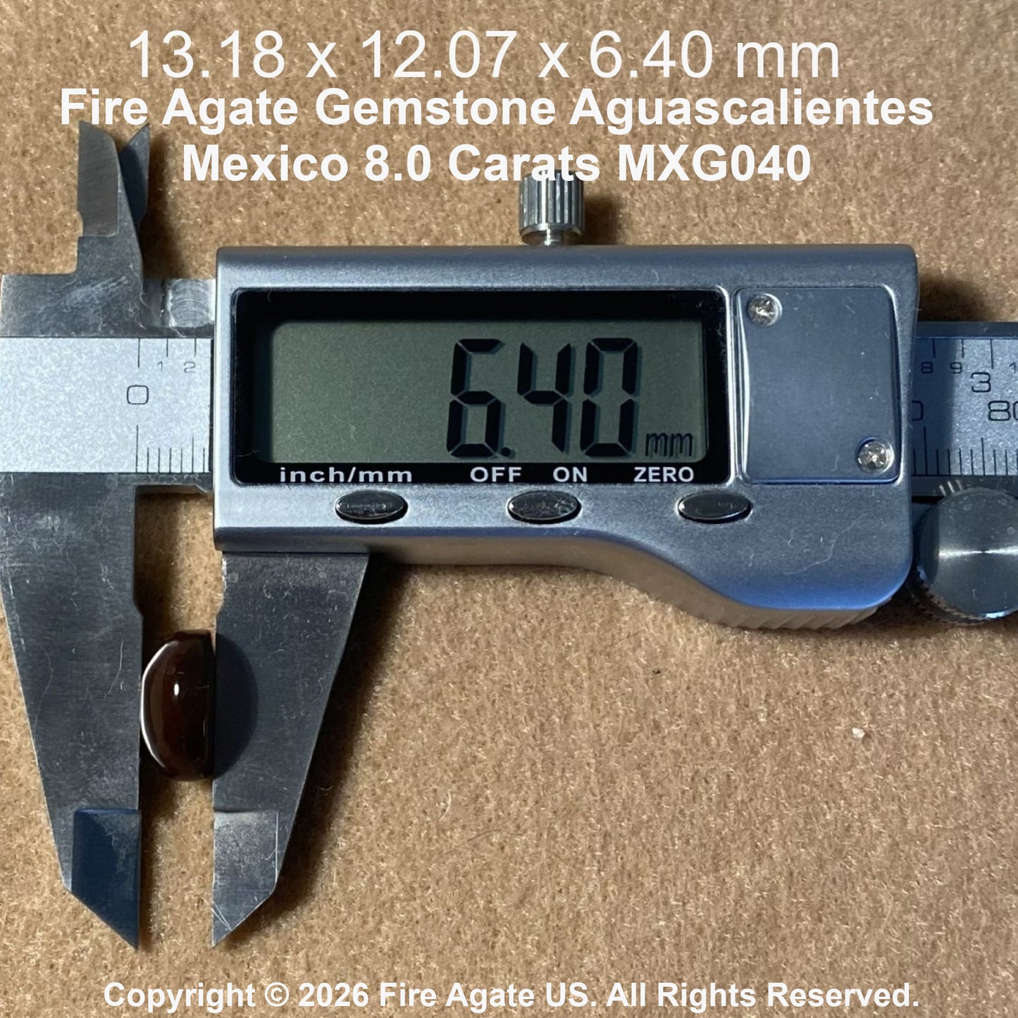 A digital caliper is shown measuring a small round brown gemstone on a tan textured background, with overlaid text reading '13.18 x 12.07 x 6.60 mm'.