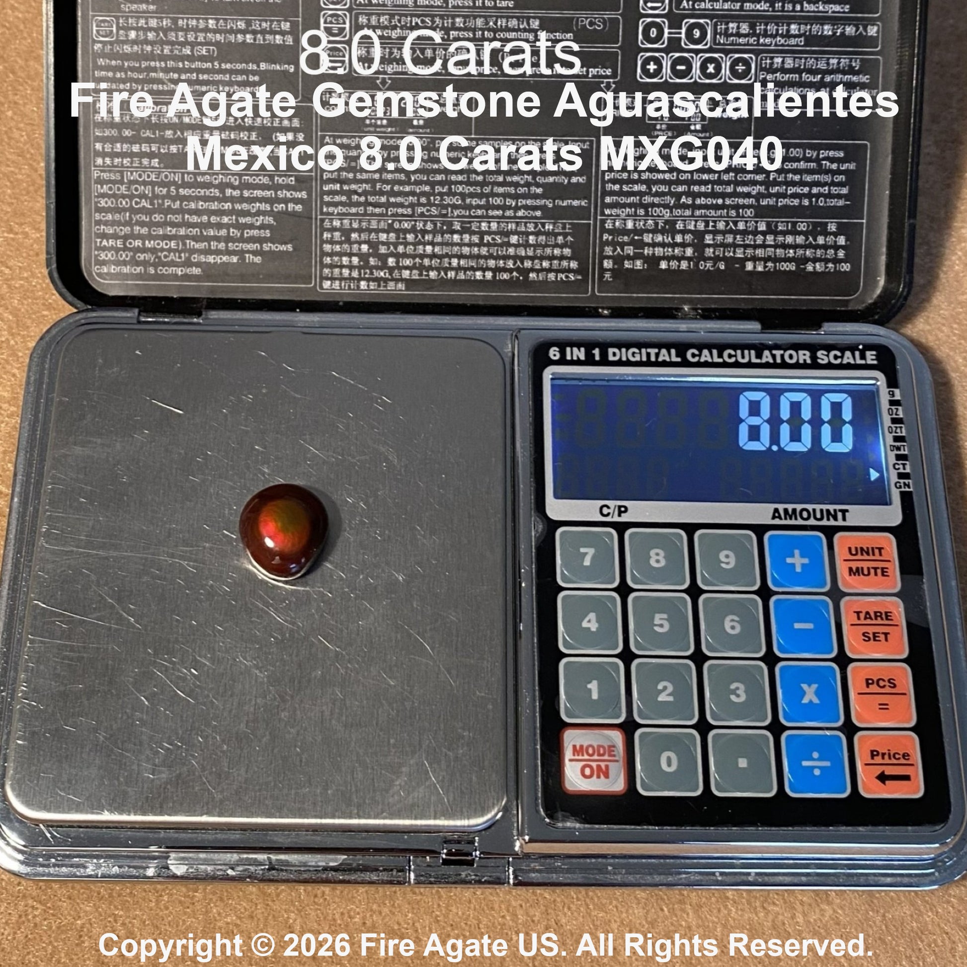 A 8.0 carat Fire Agate gemstone shown on a digital scale.
