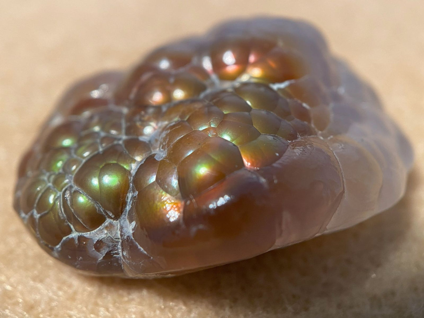 Close-up of a unpolished Mexican fire agate stone with a beige background