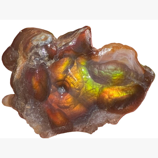 Fire Agate Rough Aguascalientes Mexico Windowed Gemstone with iridescent surface on a white background