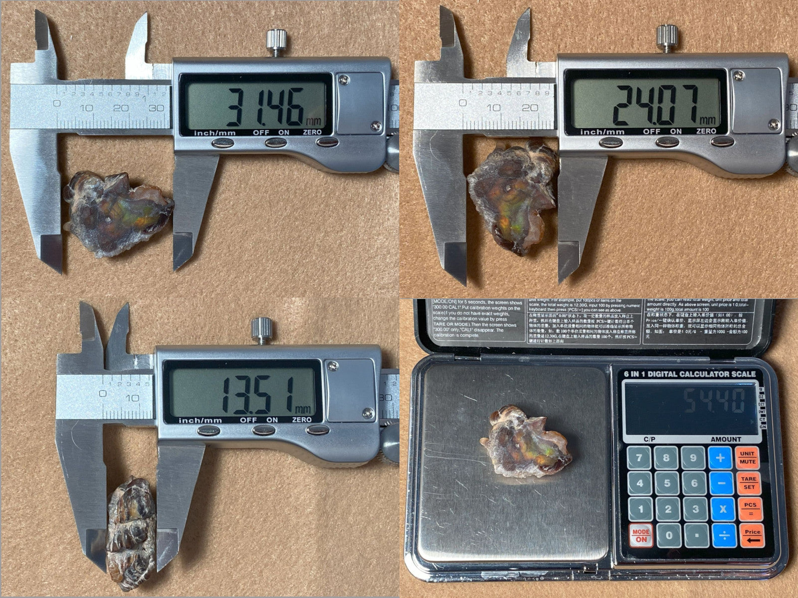 Digital caliper and scale measuring a Fire Agate Rough Aguascalientes Mexico Windowed Gemstone on a brown background