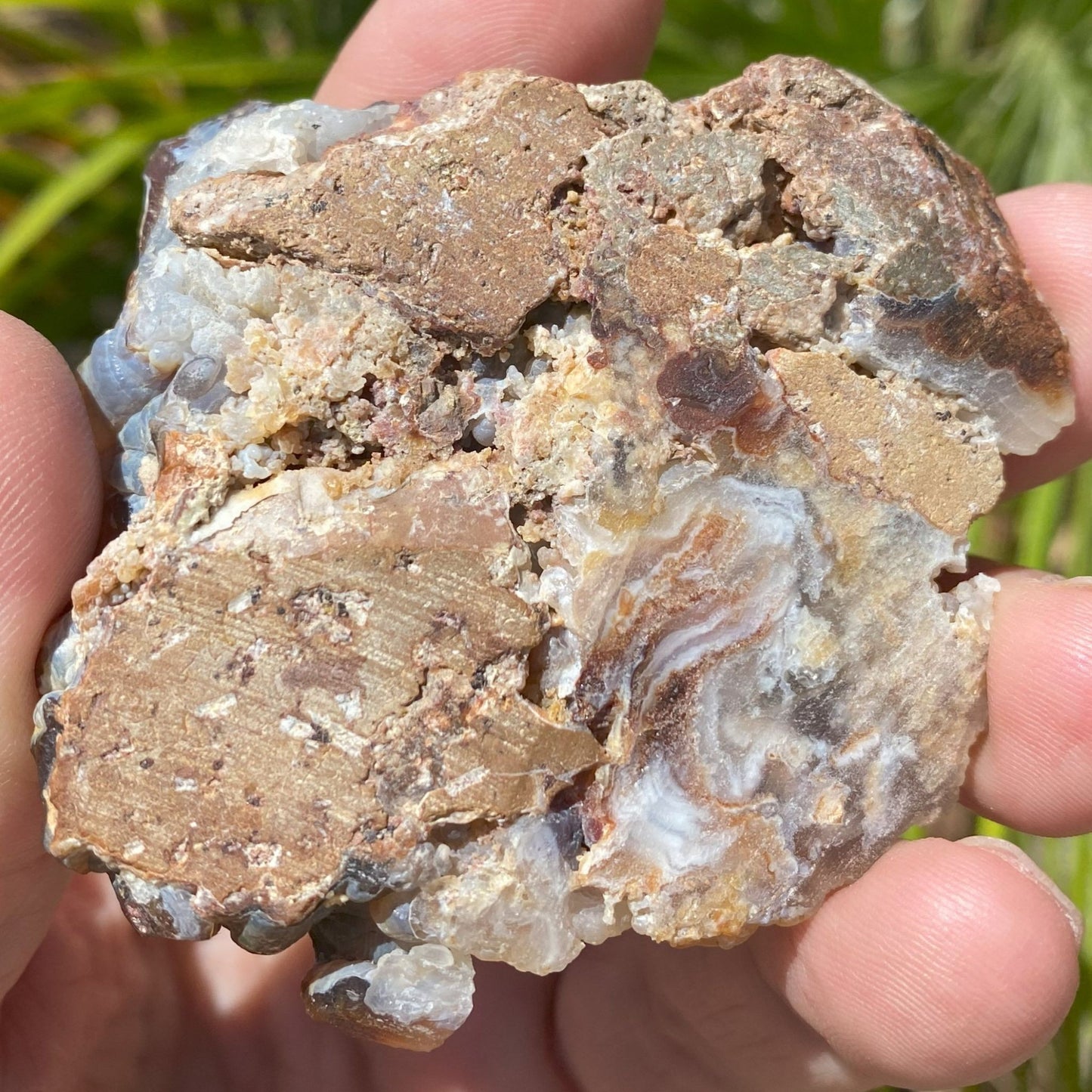 Close-up of a hand holding a rough mineral stone with a natural background