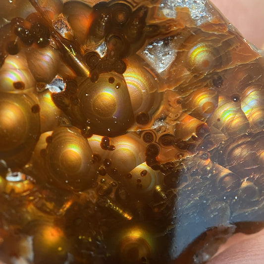 Close-up of a textured windowed fire agate rough with intricate patterns