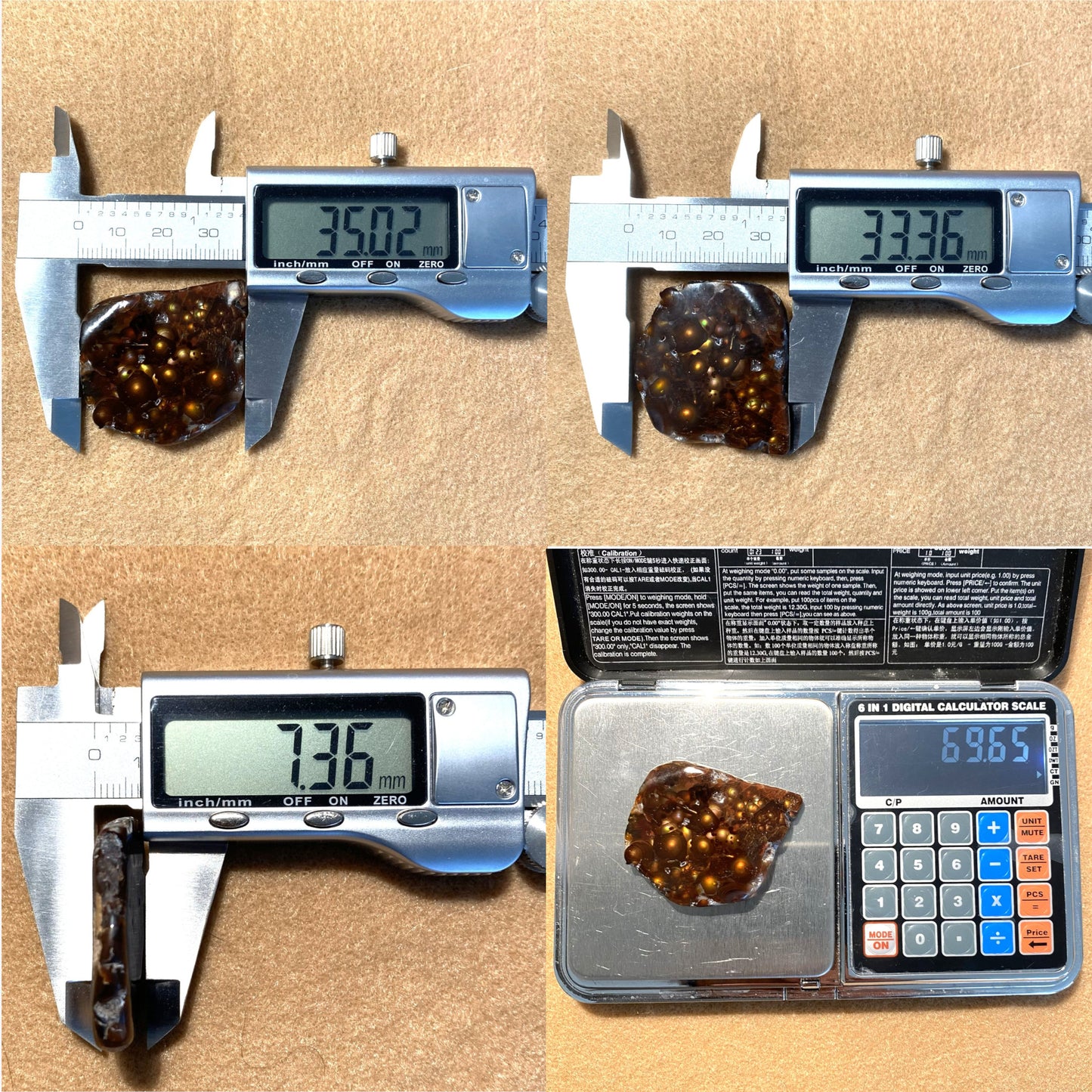 Digital caliper and scale measuring a fire agate on a beige background