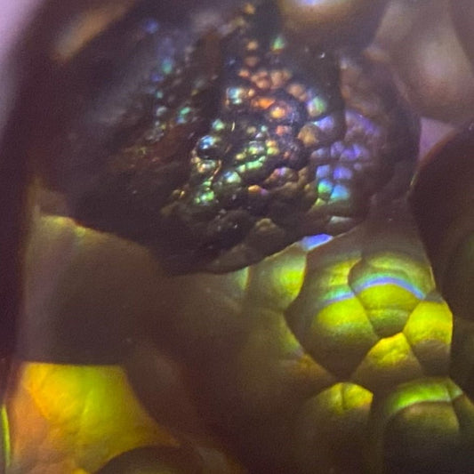 Close up of a Mexican fire agate preform gemstone with a multicolor fire display of green, orange and blue colors
