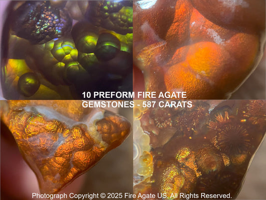 Fire Agate gemstones with a collage of different colored stones, labeled '10 Preform Fire Agate Gemstones - 587 Carats'.