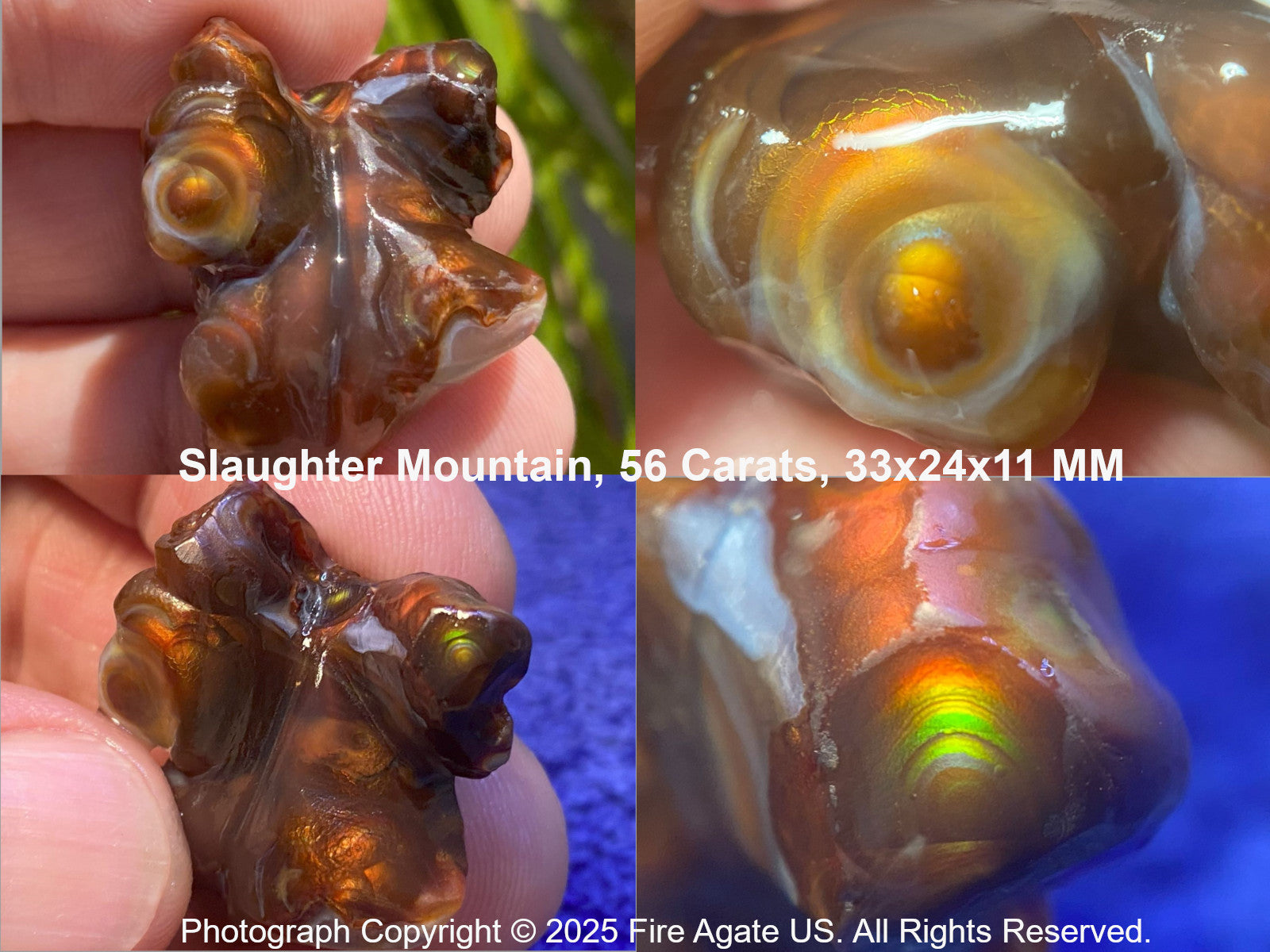 Fire Agate stone held in hand with close-up details, labeled 'Slaughter Mountain' and '56 Carats'.