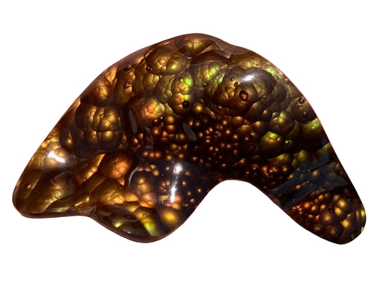 A Slaughter Mountain fire agate gemstone shown with a white background
