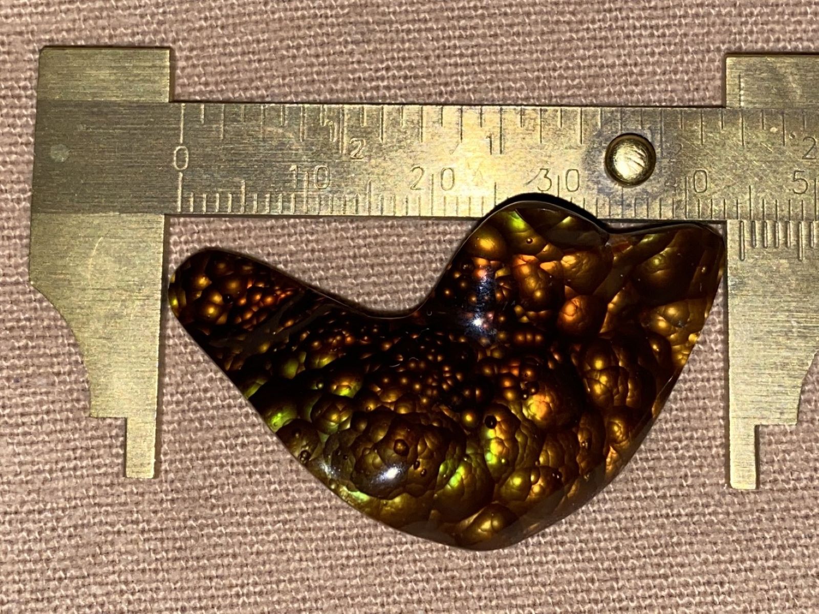 Orange and green colored fire agate gemstone shaped like a bird with a ruler for scale on a brown background