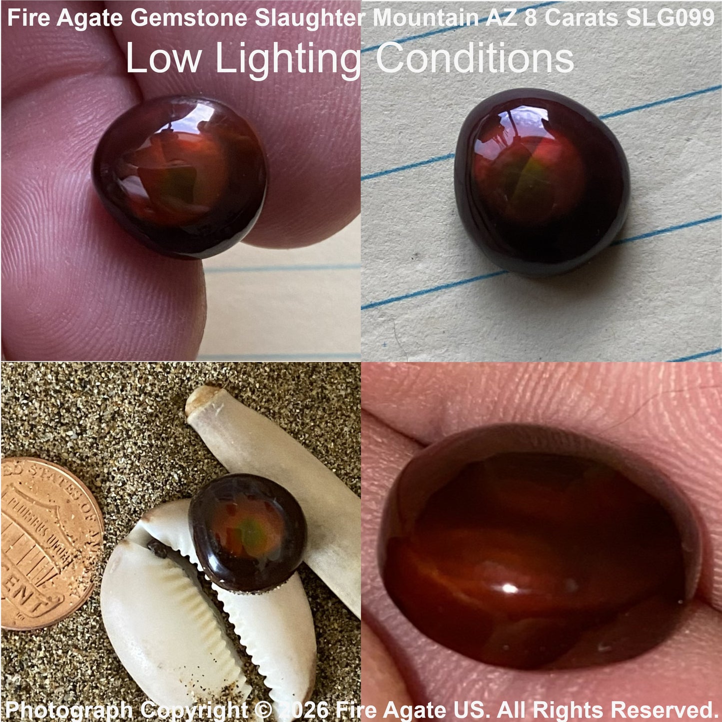 Four-panel product photo of a small oval fire agate gemstone cabochon, showing it held between fingers, on paper, on sand with a coin for scale, and close-up on skin. Text overlays mention Fire Agate Gemstone, Mountain AZ, 8 Carats, and SLG09.