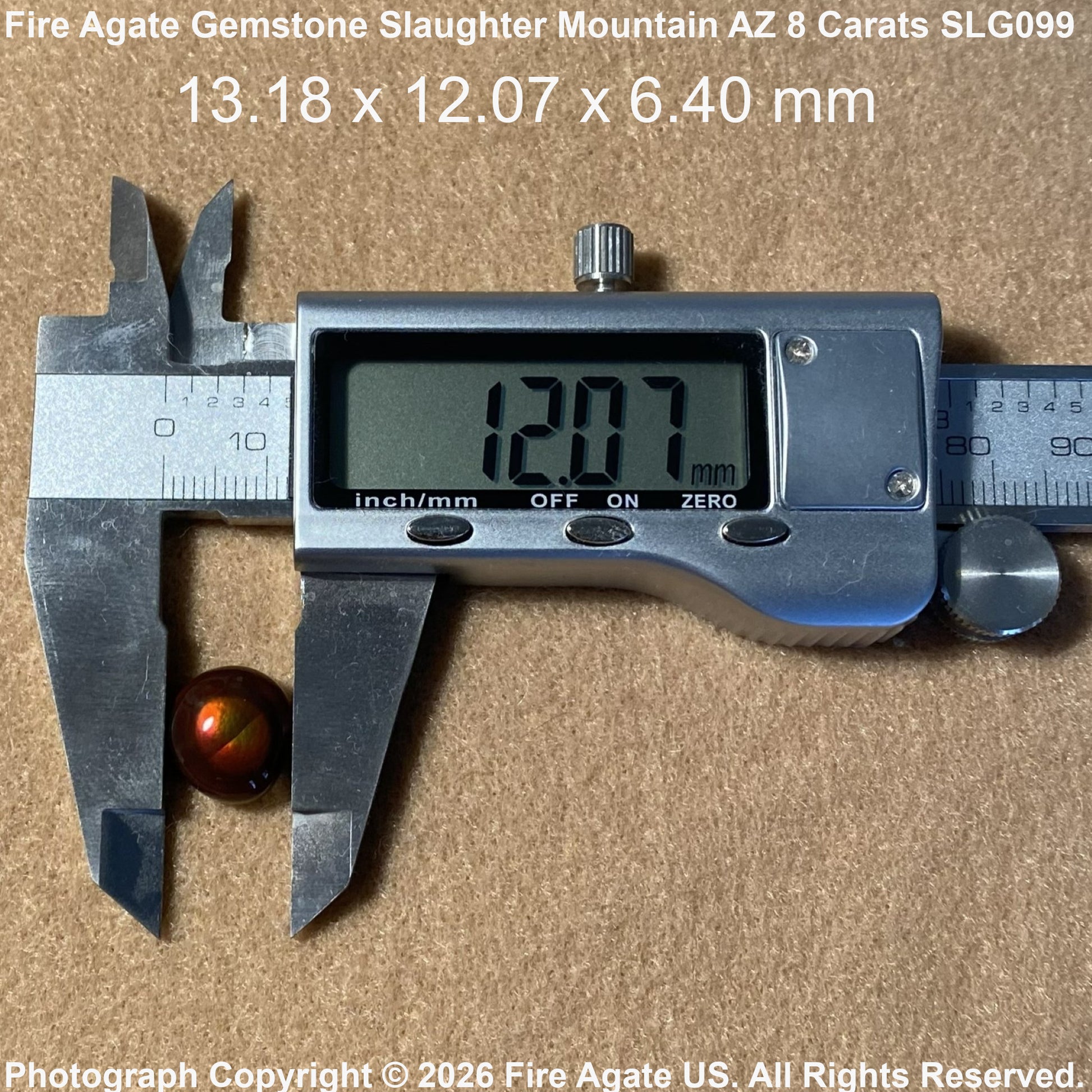 A 8-carat fire agate gemstone with a metallic reddish-brown finish is shown under a digital caliper displaying 12.07 mm, with text overlays showing its dimensions and Fire Agate branding.
