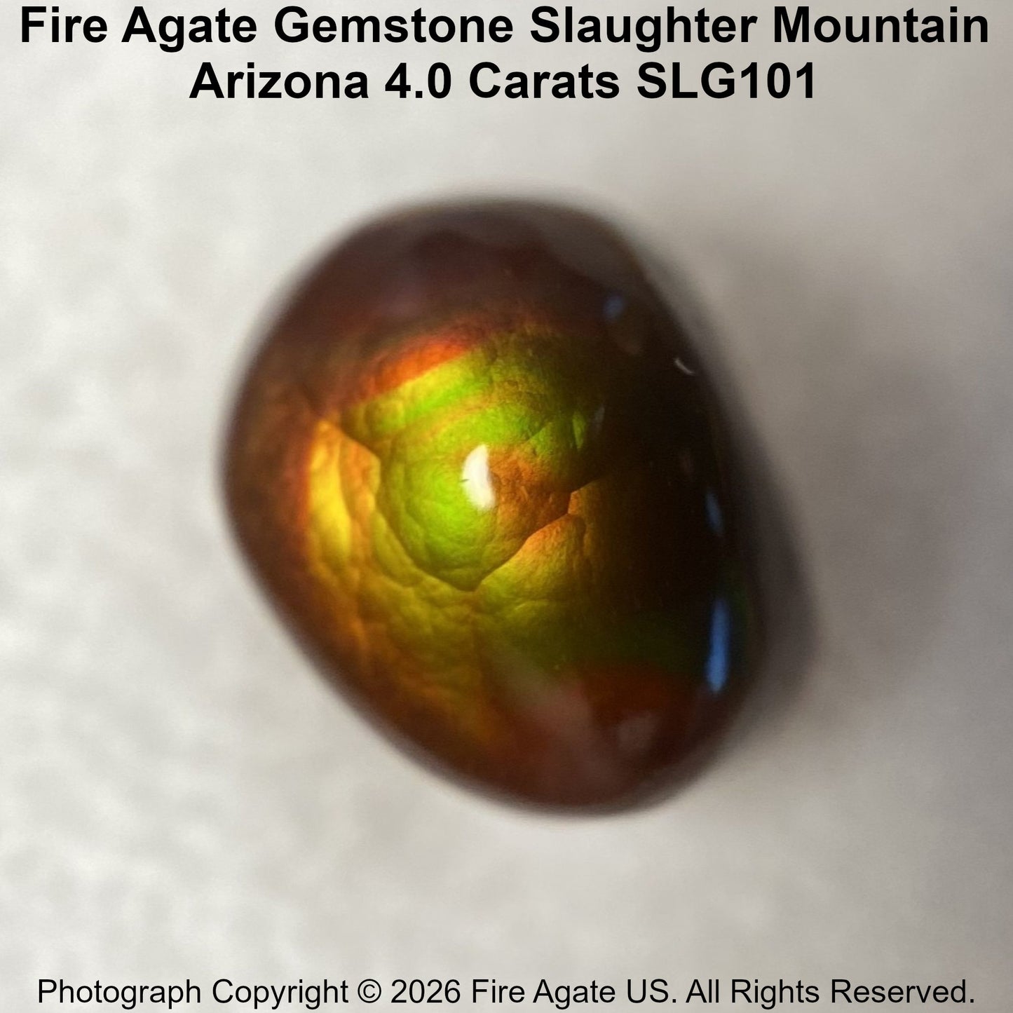 A polished Fire Agate gemstone with a rounded shape, displaying a vibrant play-of-color with red, green, yellow, orange and deep brown tones on a light gray background. Text overlays identify the product as Fire Agate Gemstone Slaughter Mountain, Arizona, 4.0 Carats