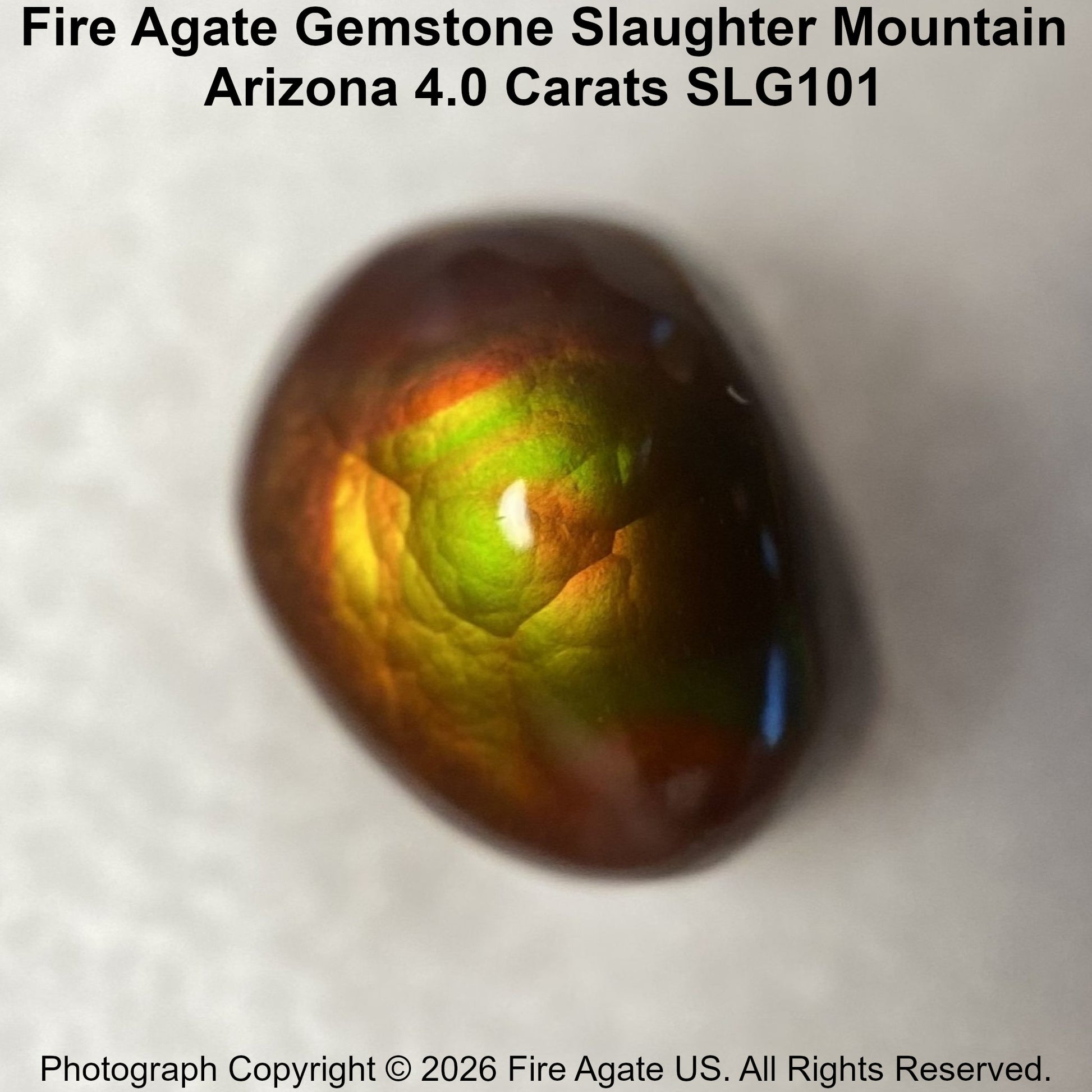 A polished Fire Agate gemstone with a rounded shape, displaying a vibrant play-of-color with red, green, yellow, orange and deep brown tones on a light gray background. Text overlays identify the product as Fire Agate Gemstone Slaughter Mountain, Arizona, 4.0 Carats
