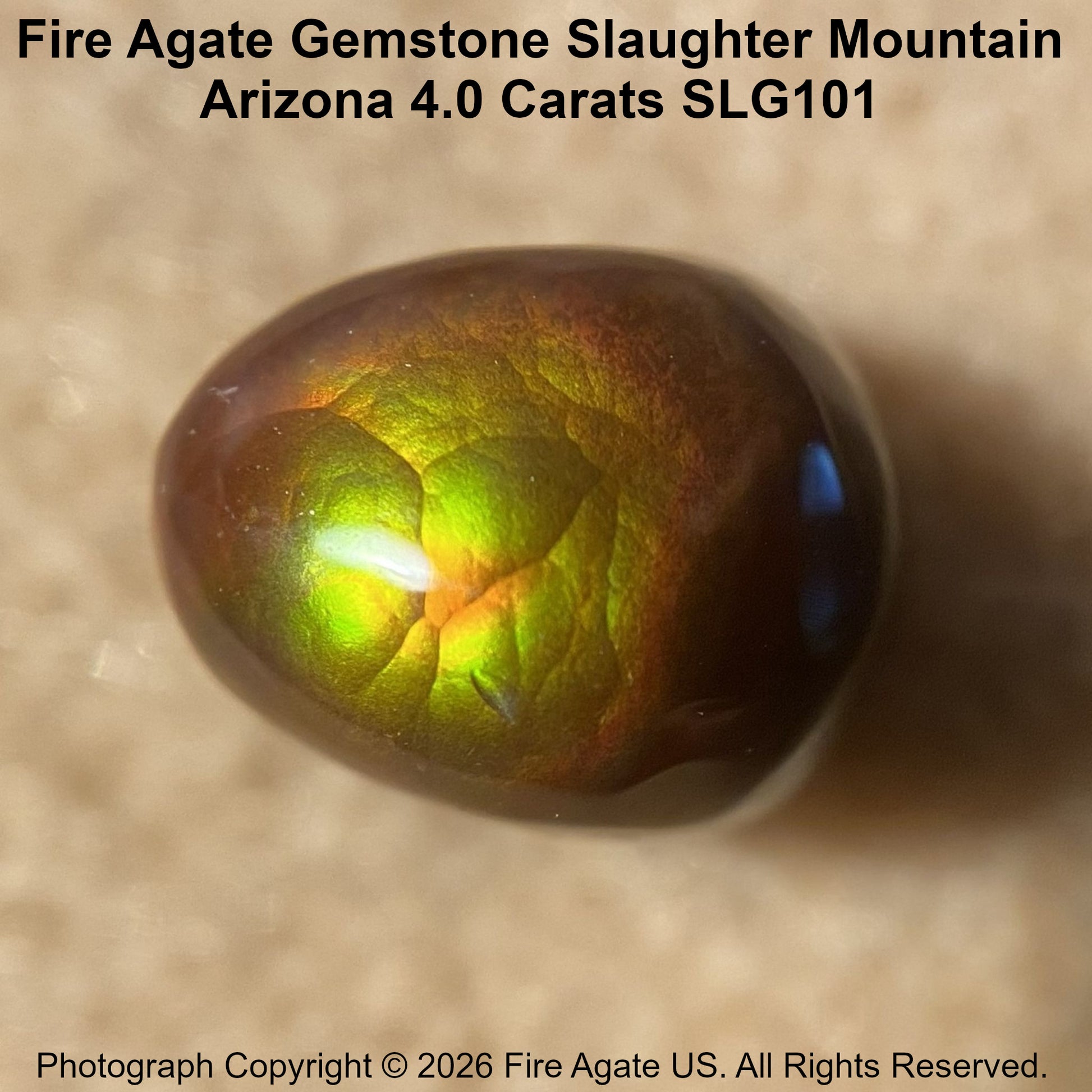 A polished Fire Agate gemstone with a dark brown base and vibrant green, yellow, and orange iridescent flashes, shown on a textured beige background with product details text at the top.