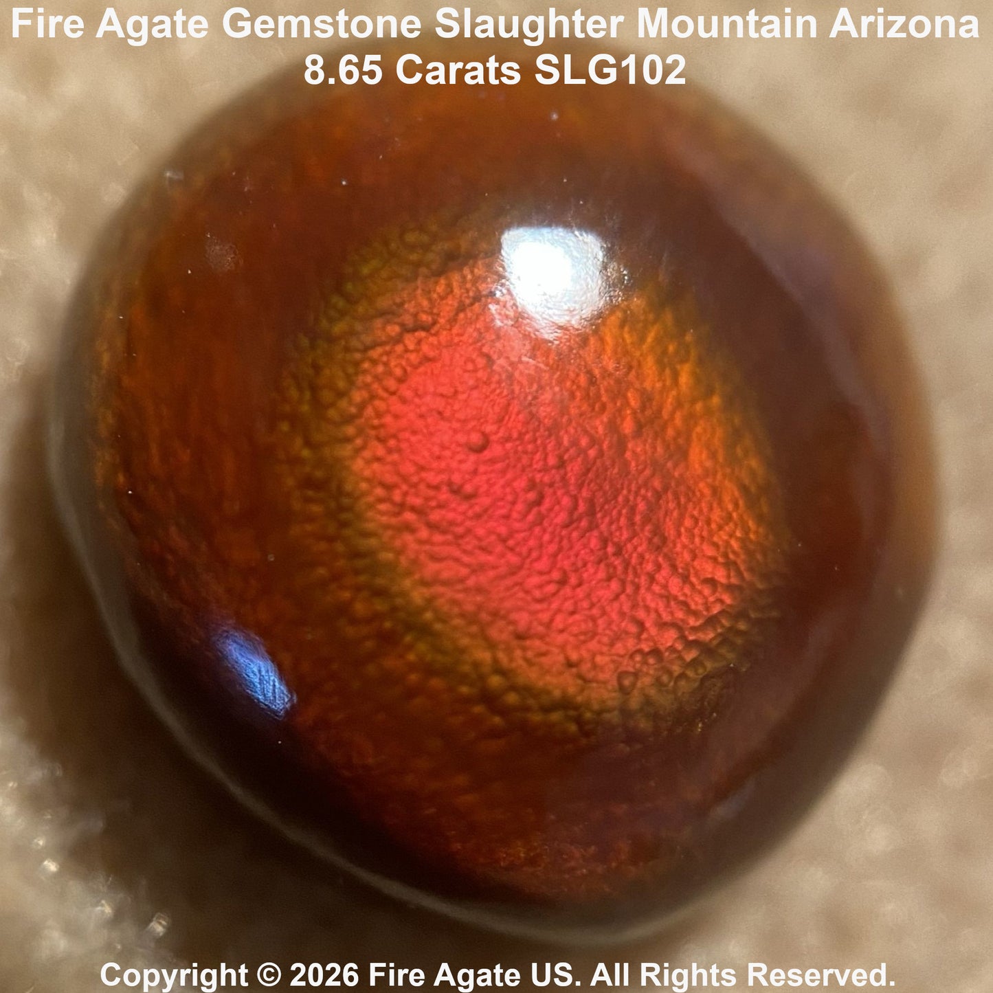 A polished fire agate gemstone with a vibrant red fiery pattern, photographed close-up on a neutral textured surface. Text overlays identify the stone as 'Fire Agate Gemstone Slaughter Mountain Arizona'.