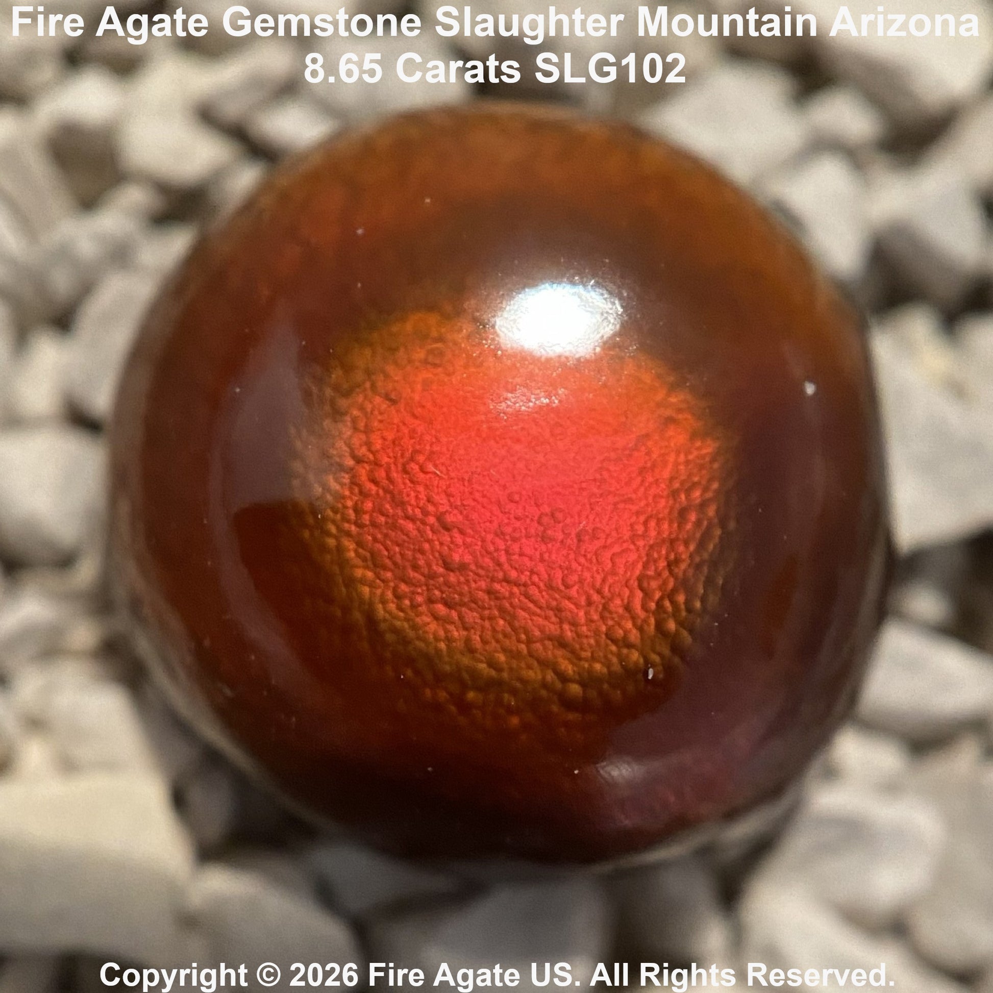 A polished fire agate gemstone with a deep reddish-brown body and a vibrant red-orange fiery center, resting on light gray decorative stones. Text overlays display product details: 'Fire Agate Gemstone Slaughter Mountain Arizona'.