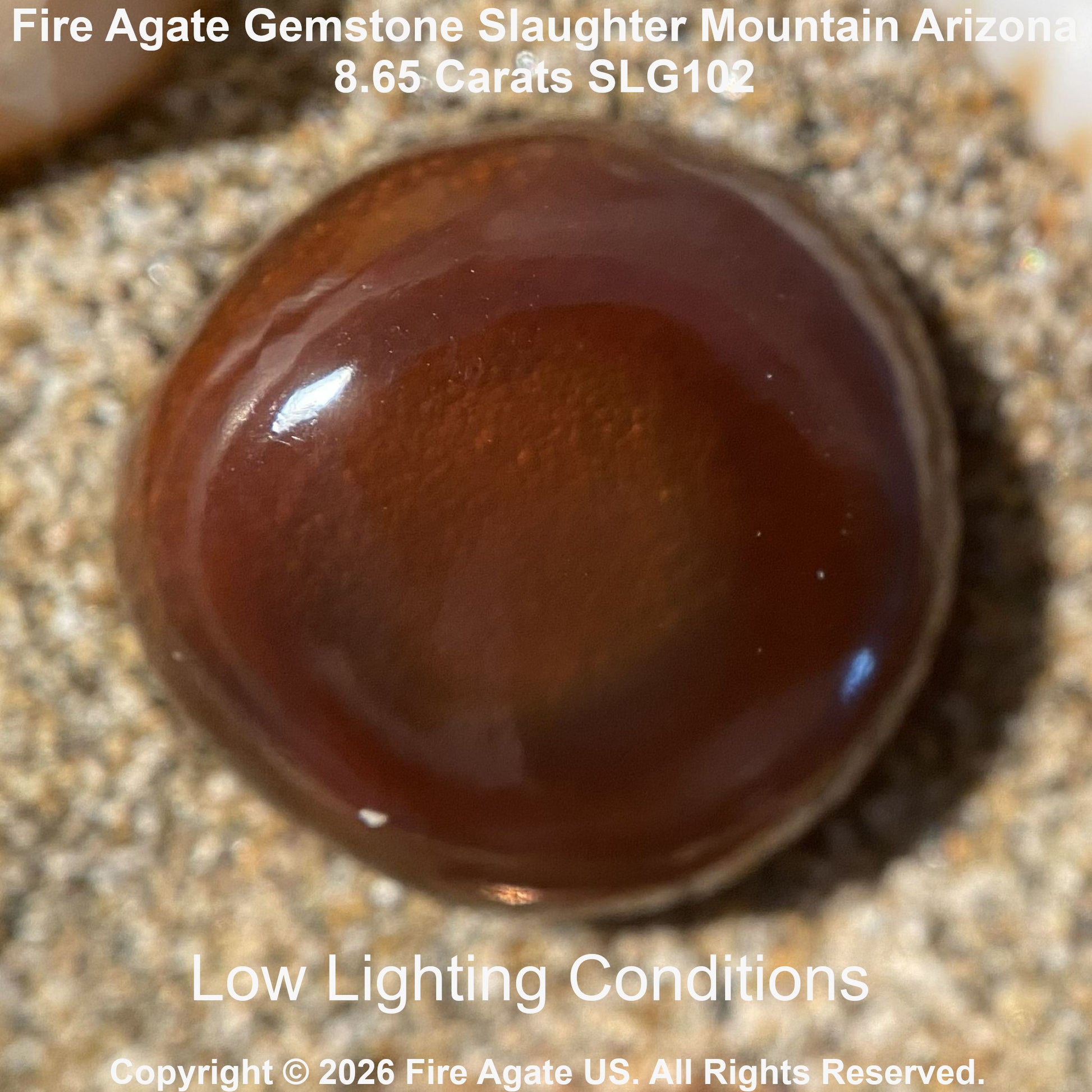 A polished round fire agate gemstone with a deep brown color, resting on a textured stone surface. Text overlays indicate the variety 'Slaughter Mountain Arizona'.