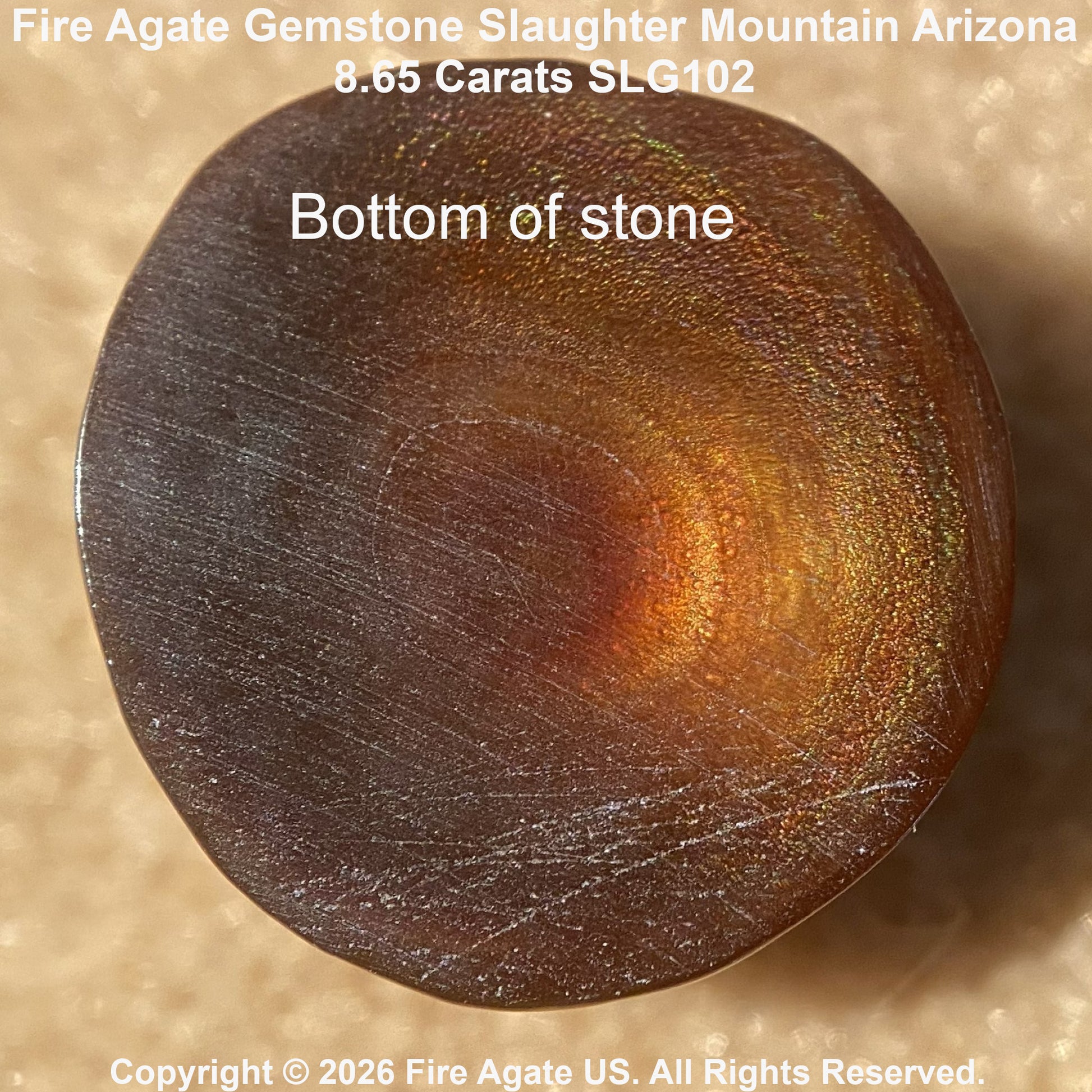 A close-up of the bottom face of a fire agate gemstone, showing a polished circular surface with a dark brown base and warm coppery-orange iridescent play-of-color. White text overlays read 'Bottom of stone' and 'Fire Agate Gemstone Slaughter Mountain Arizona'.
