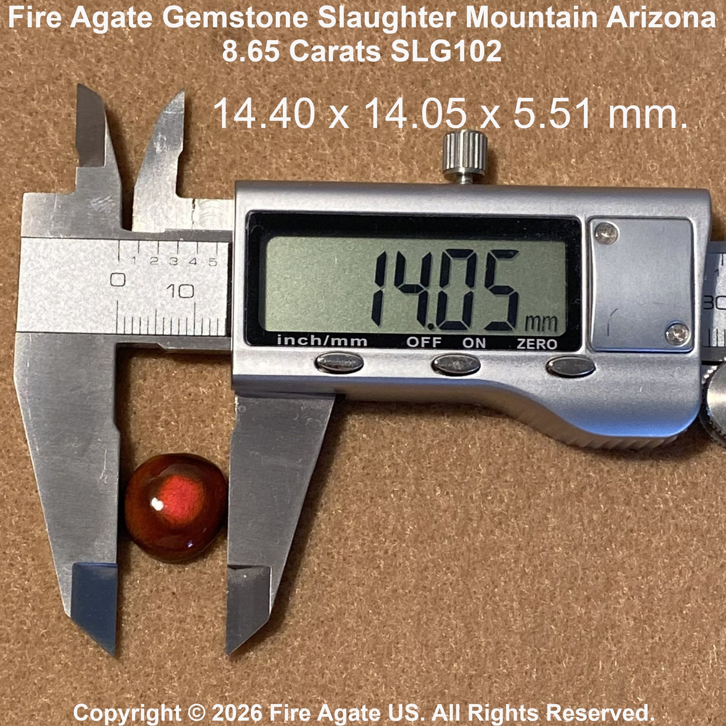 A round fire agate gemstone with a deep red-brown color is shown under a digital caliper displaying 14.05 mm, with text overlays showing its dimensions and Fire Agate branding.