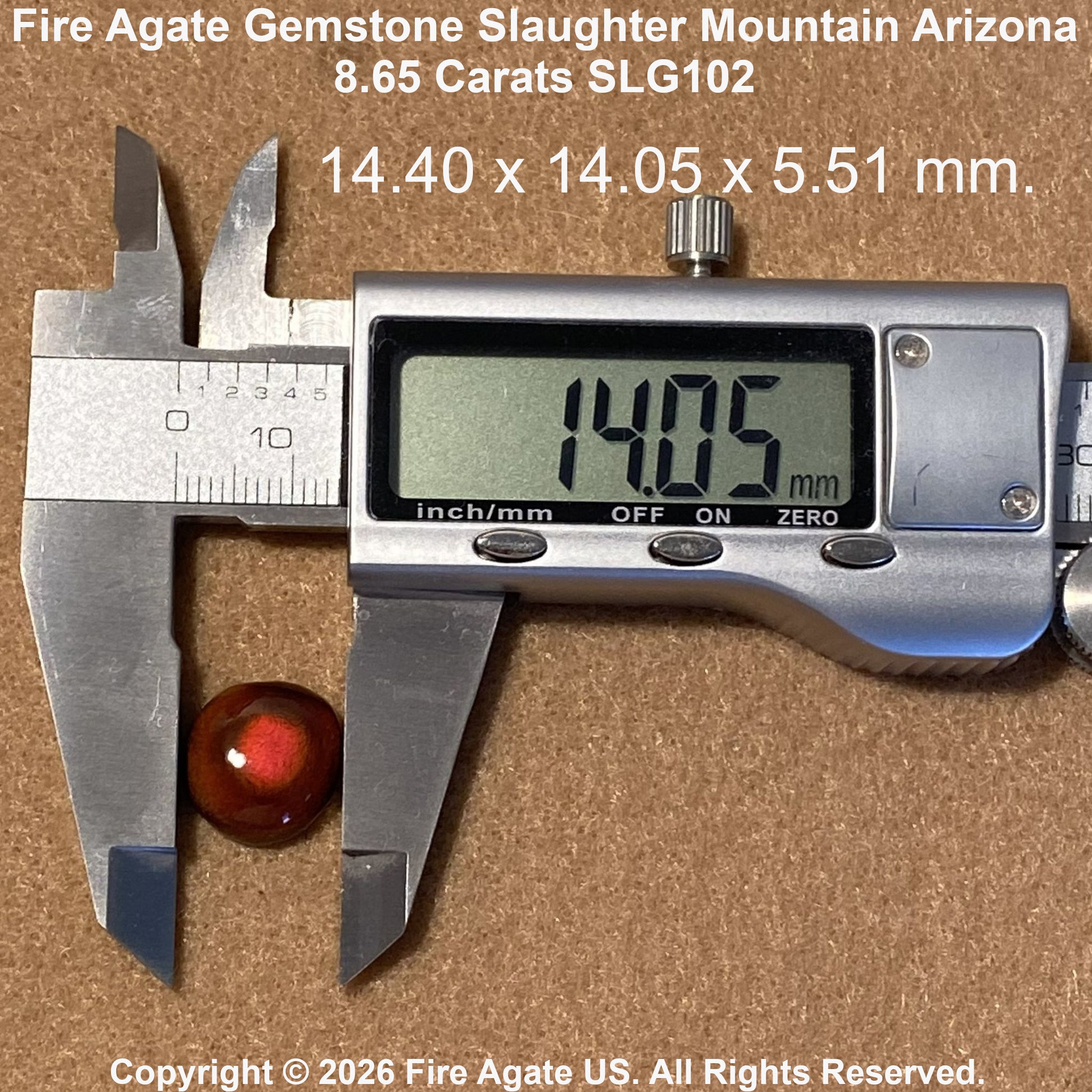 A round fire agate gemstone with a deep red-brown color is shown under a digital caliper displaying 14.05 mm, with text overlays showing its dimensions and Fire Agate branding.