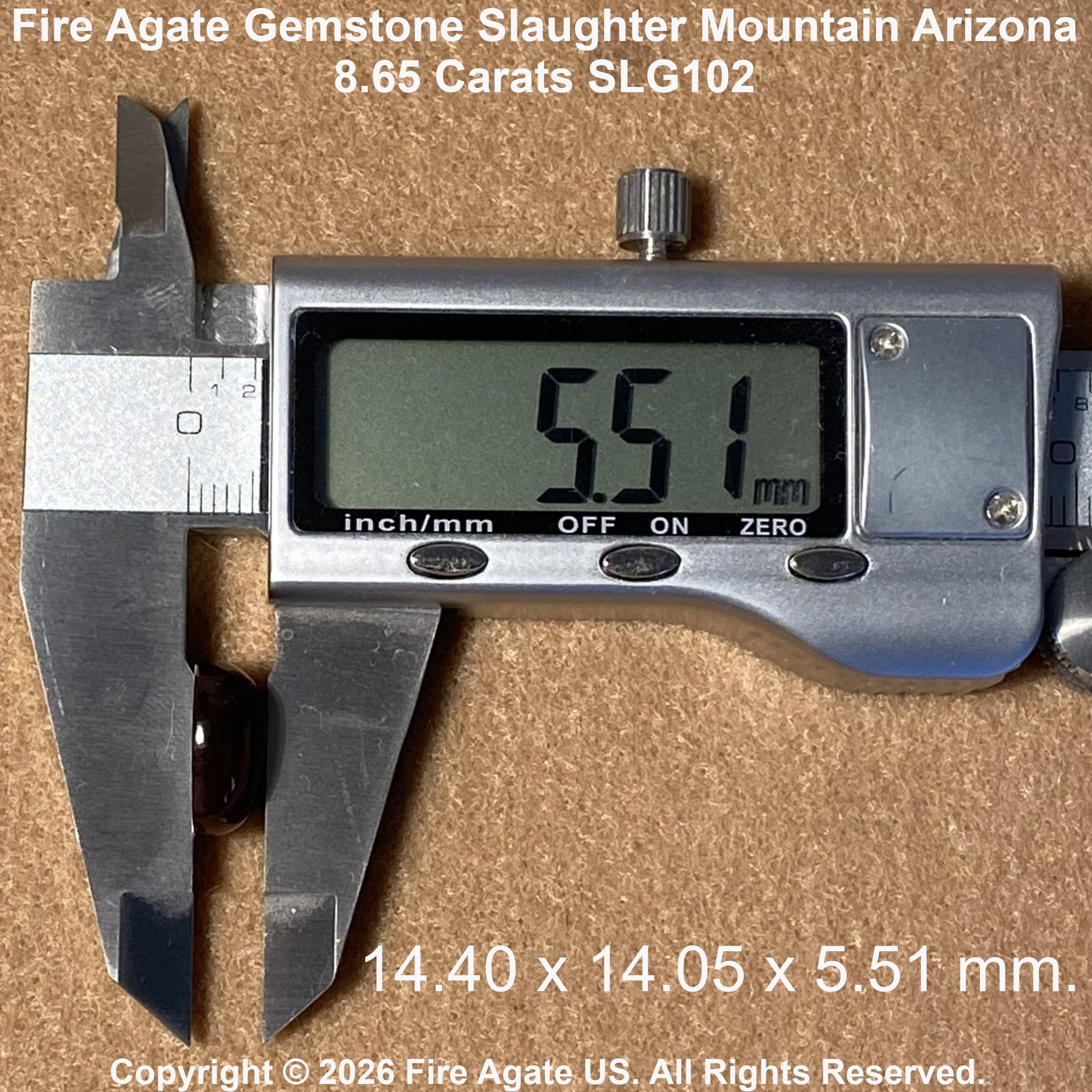 A silver digital caliper measuring a dark brown fire agate gemstone, with text overlays showing the gemstone's dimensions and Fire Agate branding.
