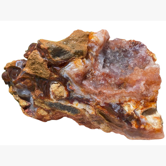 Slaughter Mountain Fire Agate Rough Mineral Specimen with brown and clear crystals on a white background
